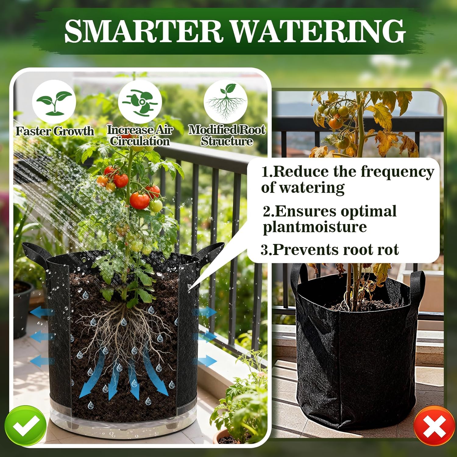 3 Pack 7 Gallon Self-Watering Grow Bags, Thick Nonwoven Fabric Pots with Support Rings and Reinforced Handles, Self-Watering Planters with Bottom Reservoir for Tomatoes Peppers Potatoes and Vegetables