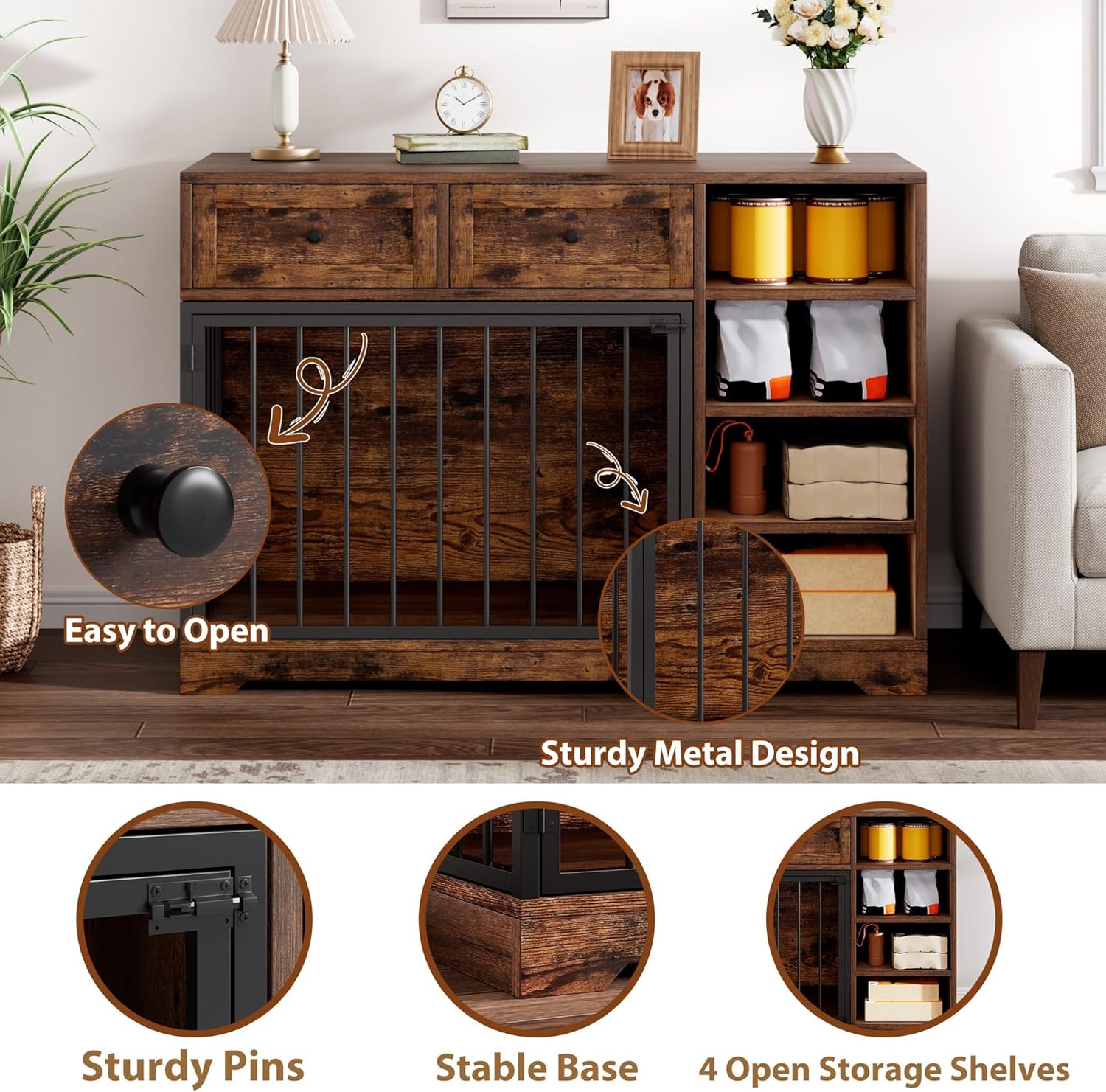 47" Dog Crate Furniture with Drawers & Shelves, Wooden Dog Kennel Furniture TV Stand, Rustic Pet Crate End Table for Medium Large Dogs