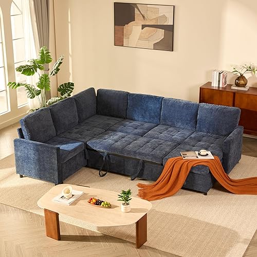 107" Modular Sectional Sleeper Sofa with Pull Out Bed, U Shaped Sectional Couch with Storage, Extra Wide and Deep Seat Couches for Living Room, Removable Sofa Cover, Chenille, Navy