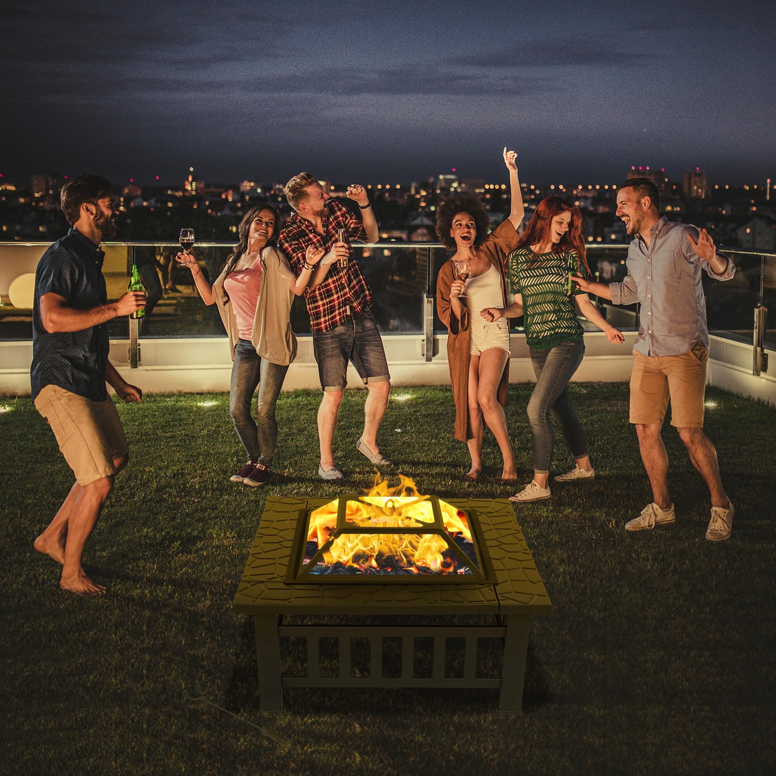 LEADZM Feuerschale mit Grillrost | Feuerkorb 3-in-1 Multifunktional, Feuerhaken & Schutzhülle, Feuerstelle für Holz/Kohle, BBQ Party Garten Terrasse Outdoor,82 x 82 x 52 cm