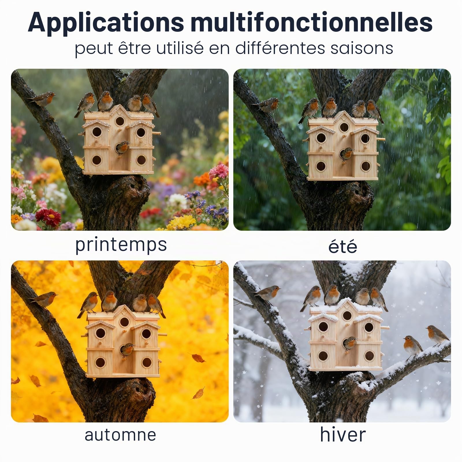 Nichoir à oiseaux en bois à plusieurs compartiments, 10 niches, pin naturel brut