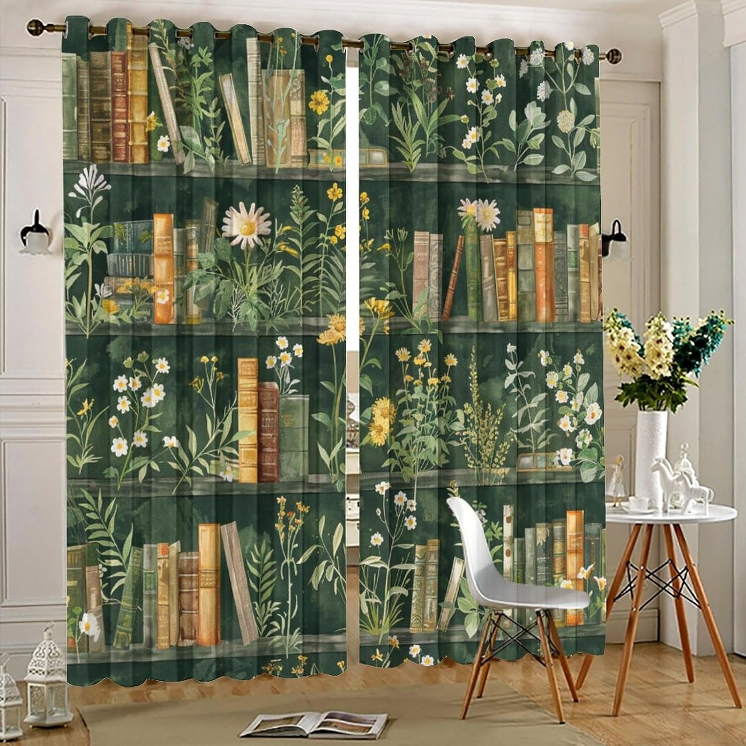Classic Bookshelf Blackout Curtains for Bedroom, Retro Rustic Glam Library Floral Grommet Curtains Thermal Insulated Window Drapes for Living Room, 21W x 45L, 2 Panels