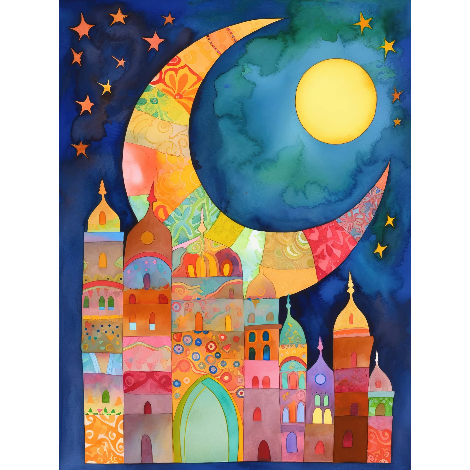 Artery8 Eid Crescent Moon Cityscape Folk Art Watercolour Painting Extra Large XL Wall Art Poster Print
