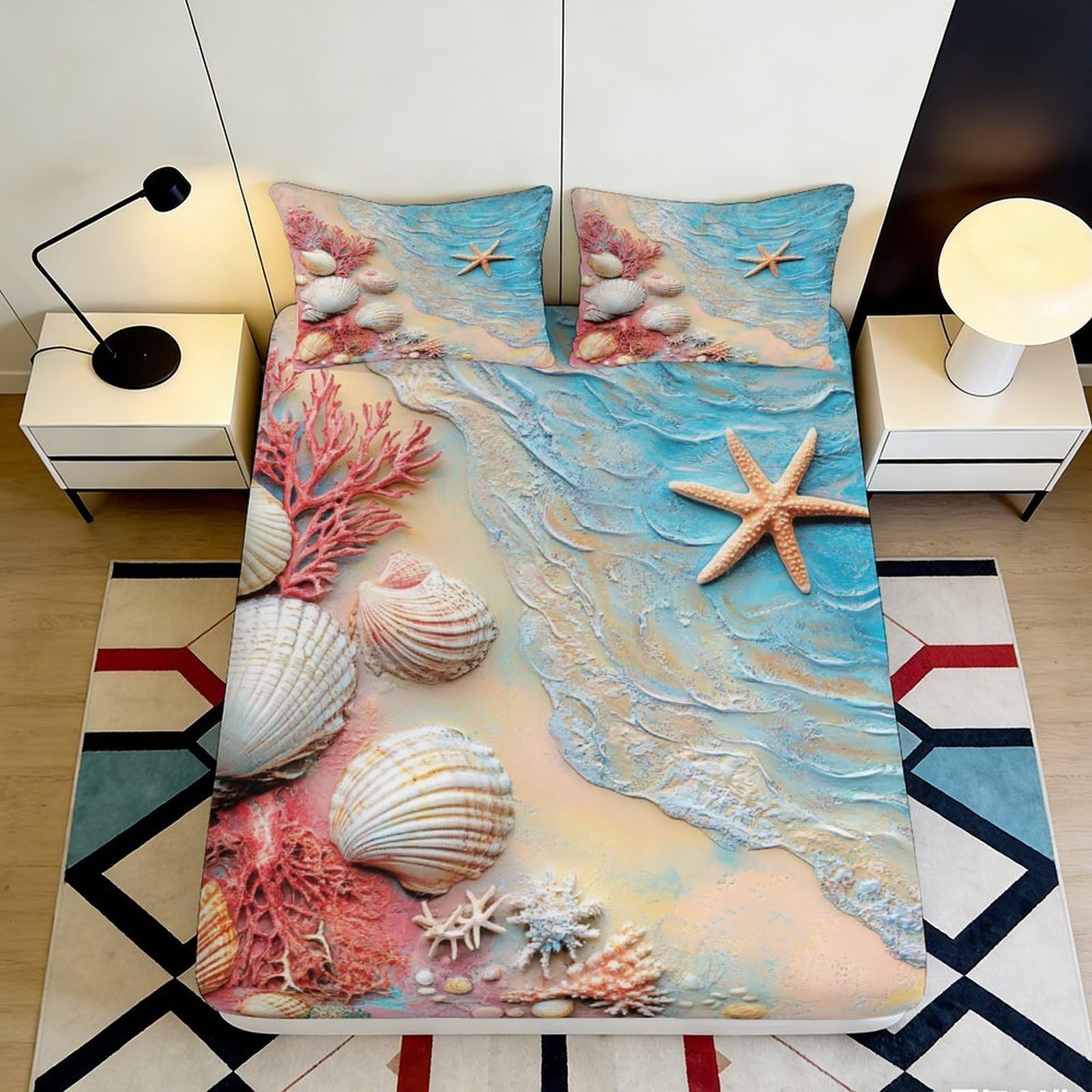 3D Printed Ocean Beach Fitted Sheet Microfiber Soft Starfish Seashell Mattress Cover for Bedroom Guest Room Decor 90x200x25cm