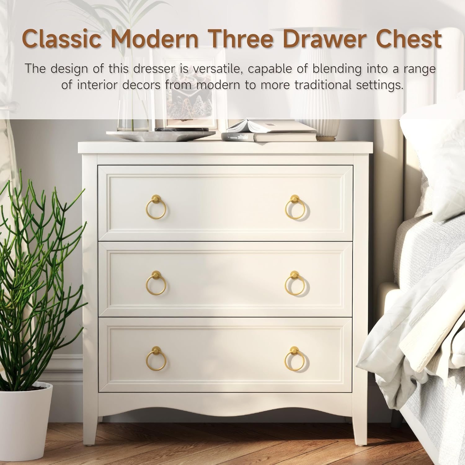 COZAYH Farmhouse Fully-Assembled 3-Drawer Dresser Chest Cabinet with Bronze Metal Ring Handles, Vintage French Country Chest of Drawers, Creamy White