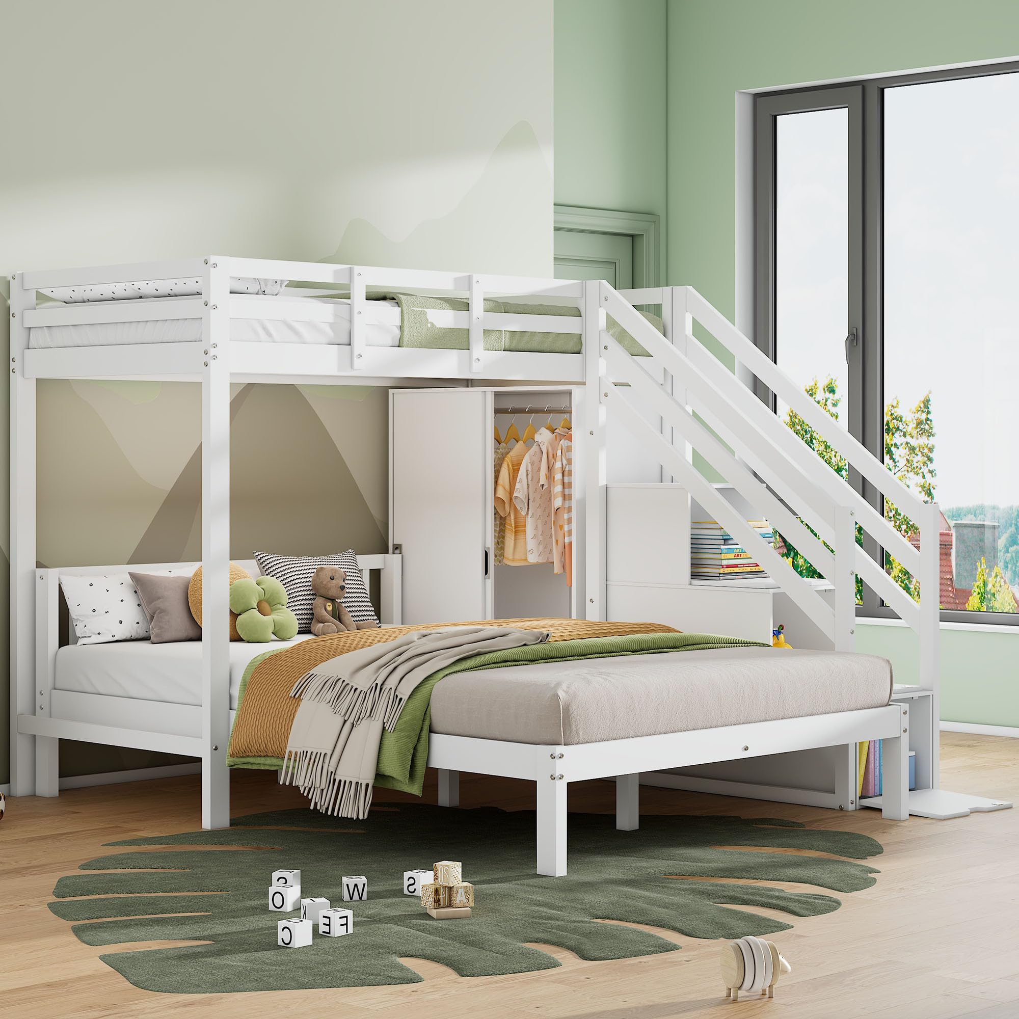Letto a castello con guardaroba, letto a castello per bambini, 90 x 200 cm + 140 x 200 cm, multifunzione, con scaletta, grande spazio di archiviazione, senza materasso, bianco