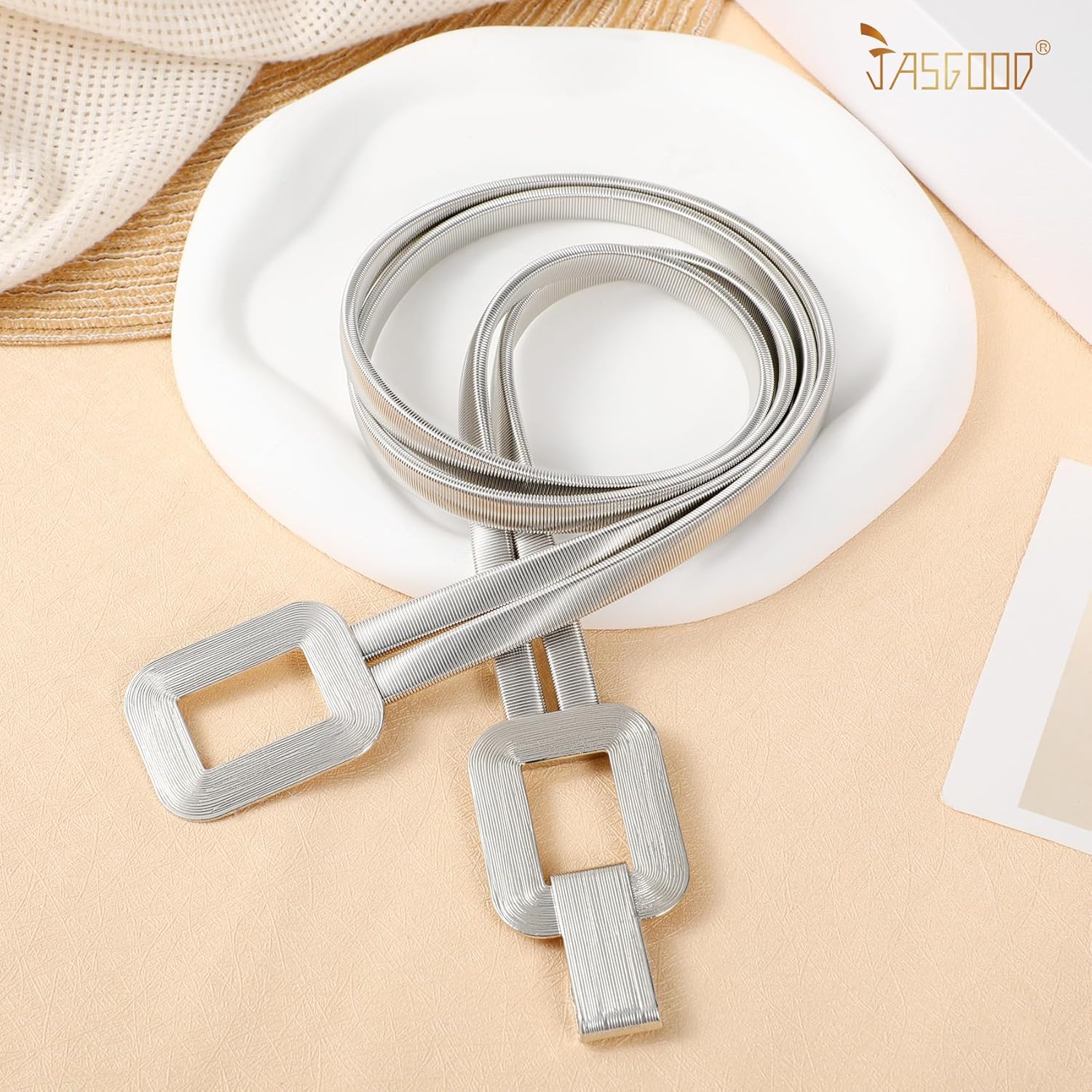 JASGOOD Skinny Metal Elastic Waist Belt for Women Stretch Thin Belt for Dresses - Image 5