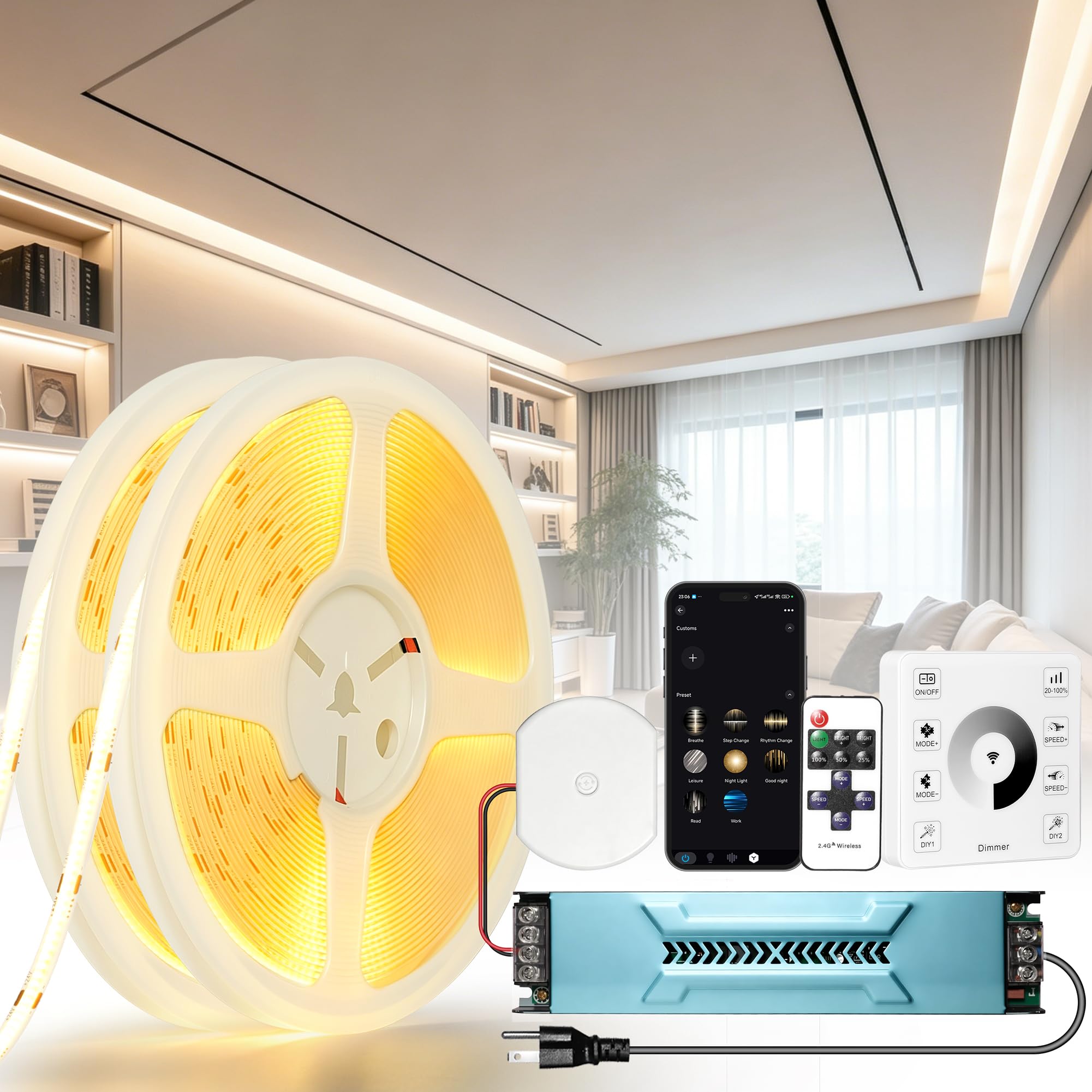 24V 20M Striscia LED COB Regolabile 3000K Bianco Caldo, Compatibile con Alexa, 10W/M 336 LED/M CRI 93+ 1000LM/M con Alimentatore, per Decorazione d'Interni, Camera da Letto, Cucina, Ufficio, Commercio