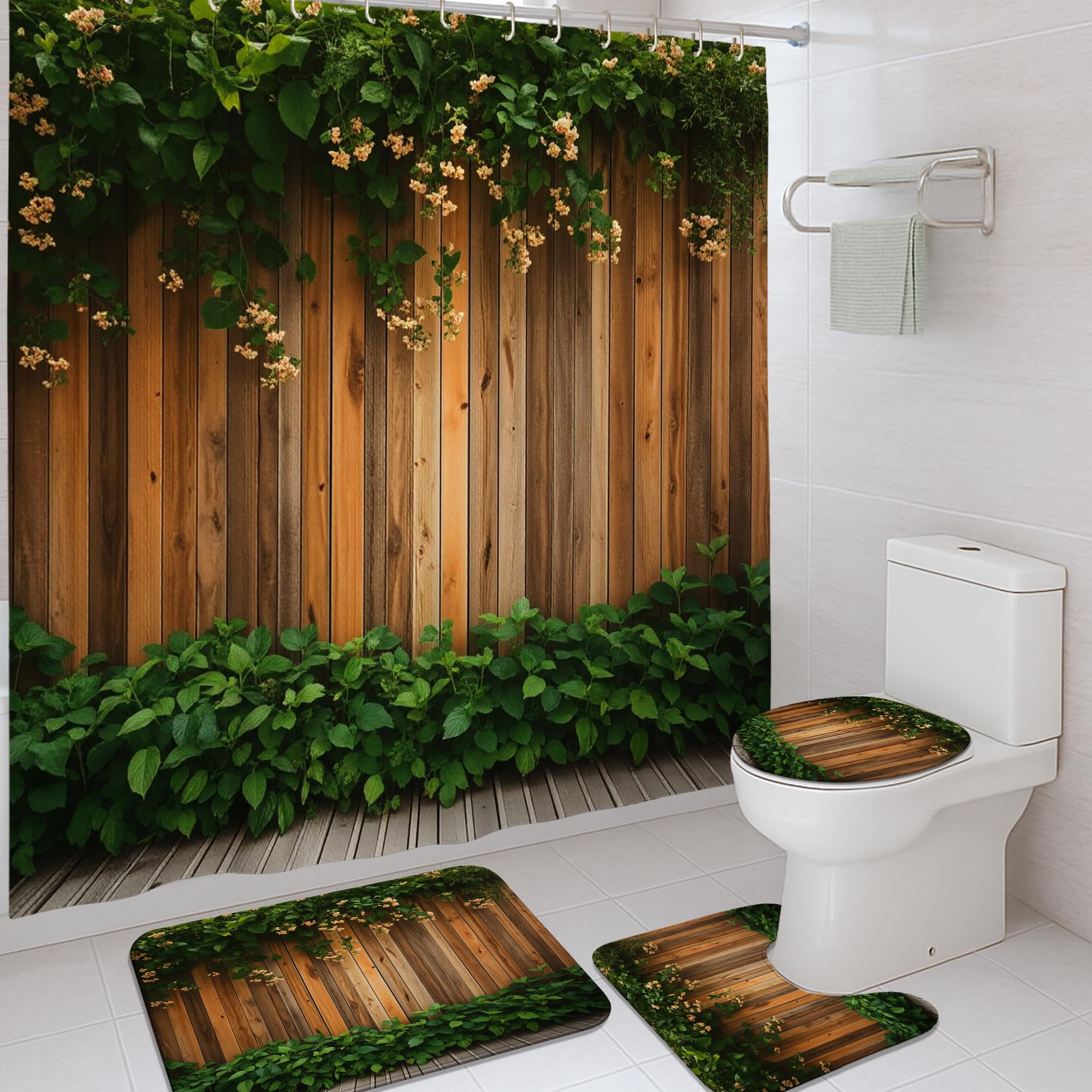 Rideau de douche feuilles vertes et tapis assorti pour rafraîchir une chambre d'amis rustique