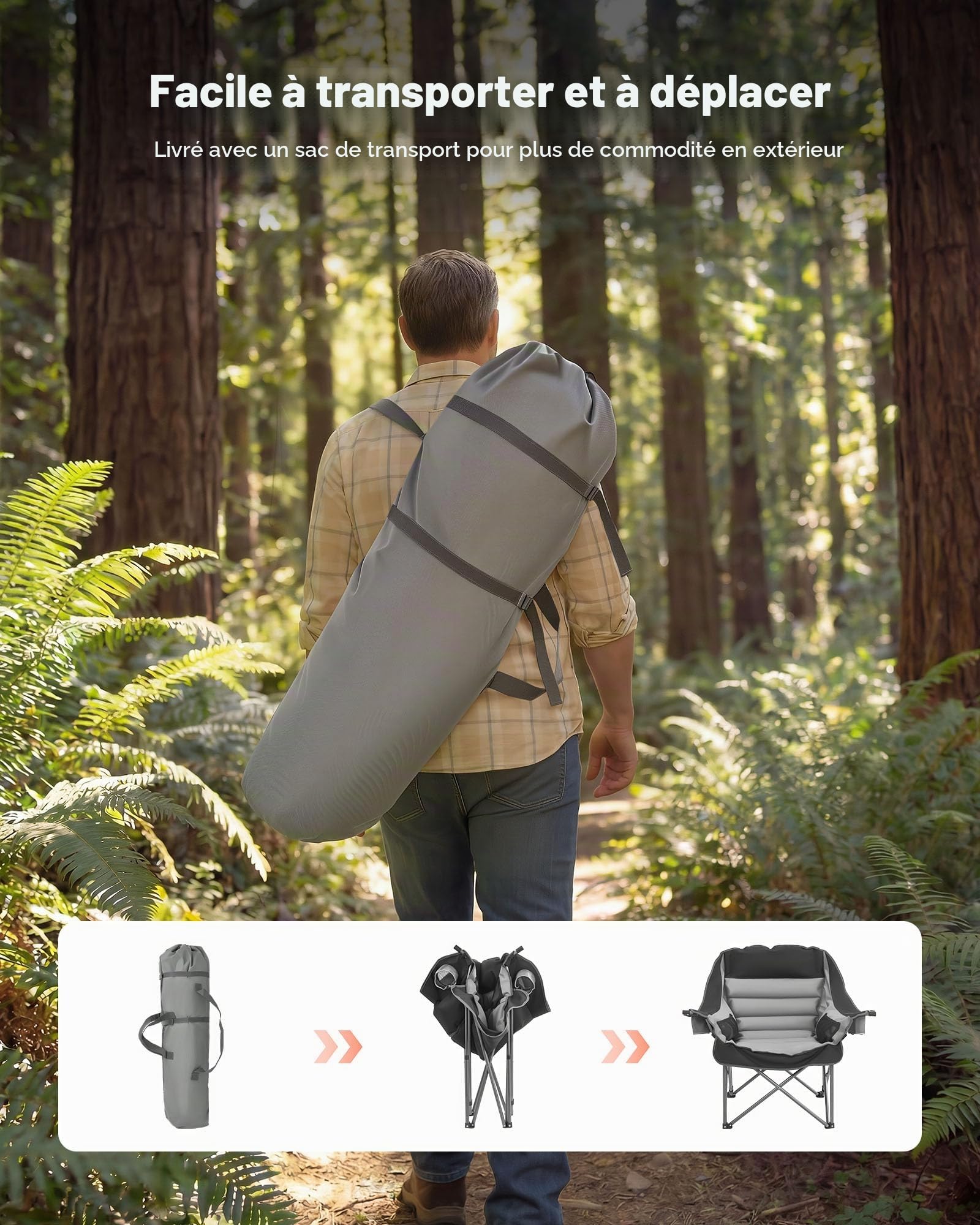 VEVOR Chaise de Camping Pliante et Portable, Fauteuil Pliable Camping Charge Maximale 204 kg, pour Pique-Nique Randonnée Pêche en Plein Air, avec Porte-gobelet, Porte-Verre à Vin et Sac de Transport