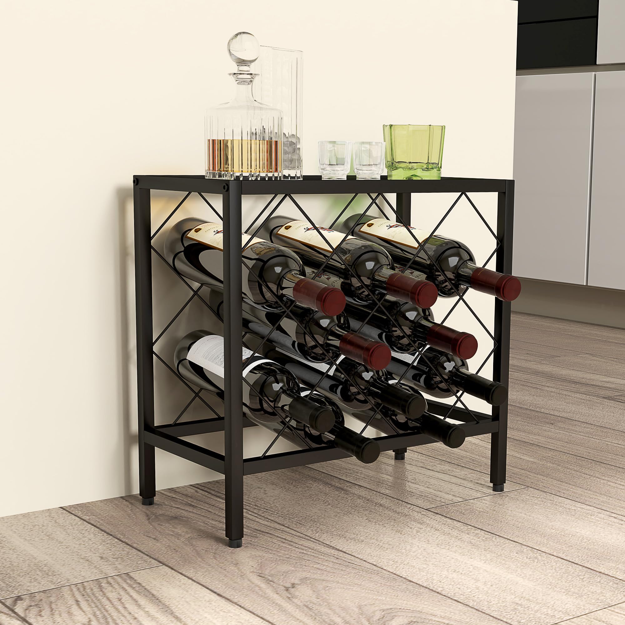 HOMCOM Portabottiglie Vino 10 Bottiglie Cantinetta 41x22x41 cm Nero | Piano d'Appoggio in Vetro Temperato, Portabottiglie in Acciaio, Cucina, Dispensa, Cantina, Bar