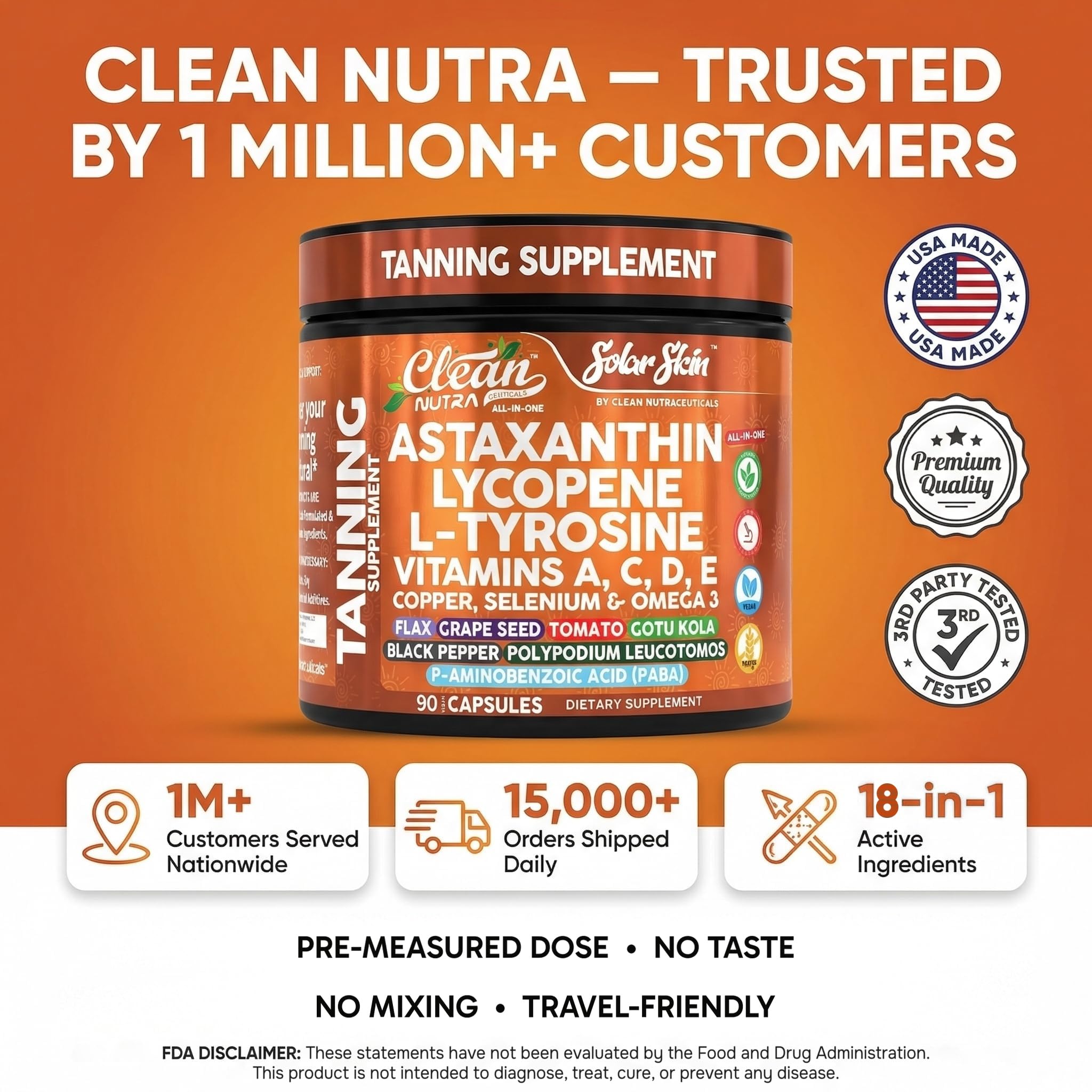 Solar Skin Astaxanthin Tanning Supplement Lycopene L-Tyrosine Vitamins A C D E, PABA Beta Carotene Selenium Grapeseed Extract Omega 3 Flax Seed Copper Capsules By Clean Nutra — Amazon image 8