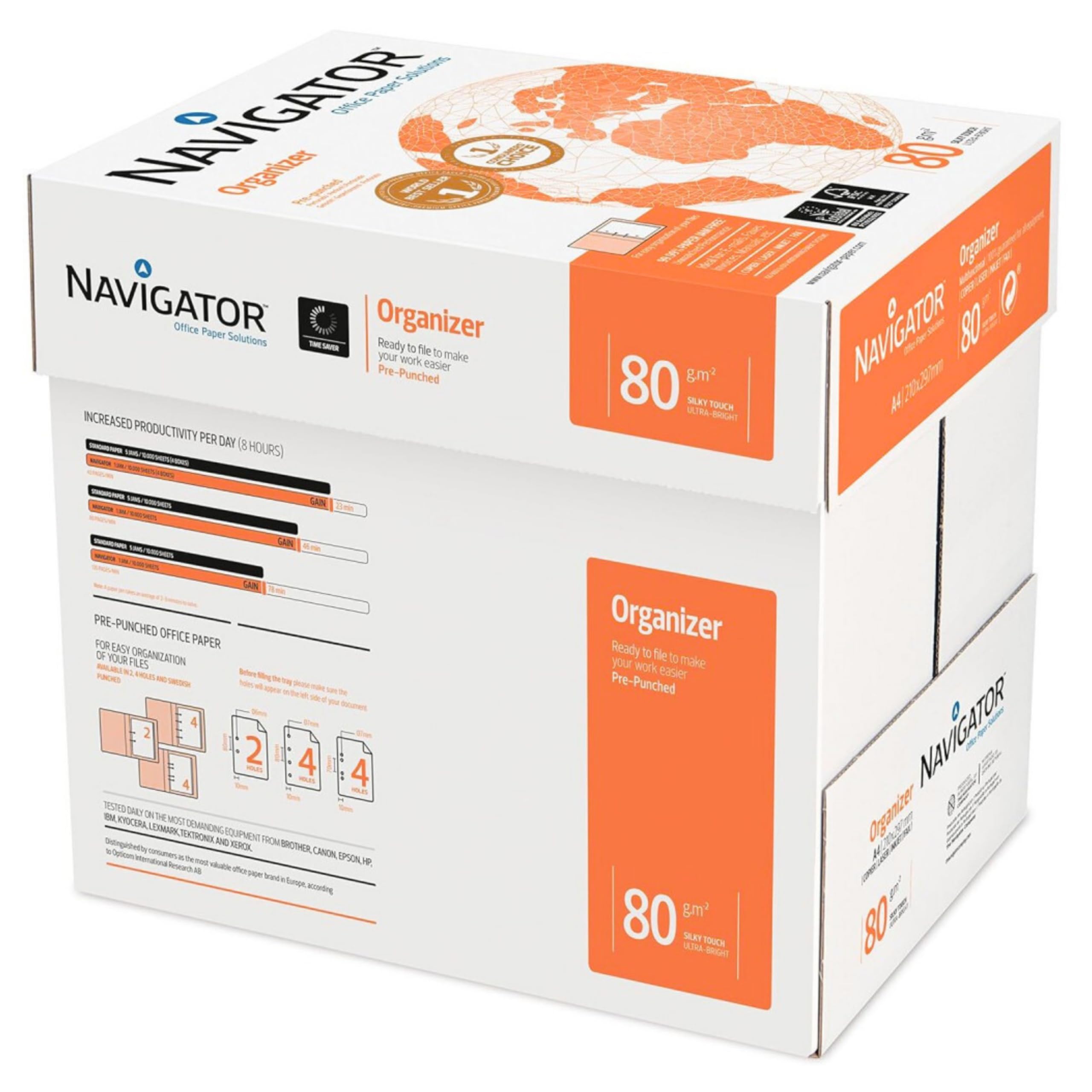 Navigator Organizer - Papier premium perforé 4 trous Blanc 80 g/m² A4 - Carton de 5 x 500 feuilles