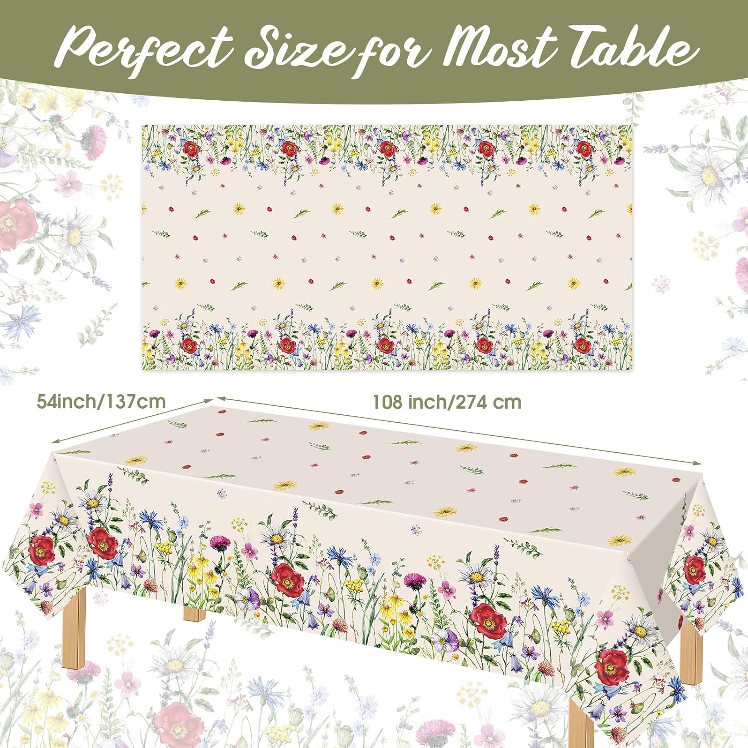Ganeen 3 Pcs Spring Floral Tablecloth Disposable Plastic Wildflower Table Cloth Rectangle Table Cover Waterproof for Birthday Wedding Easter Mothers Day Tea Party Supplies and Decor, 54 x 108 Inch