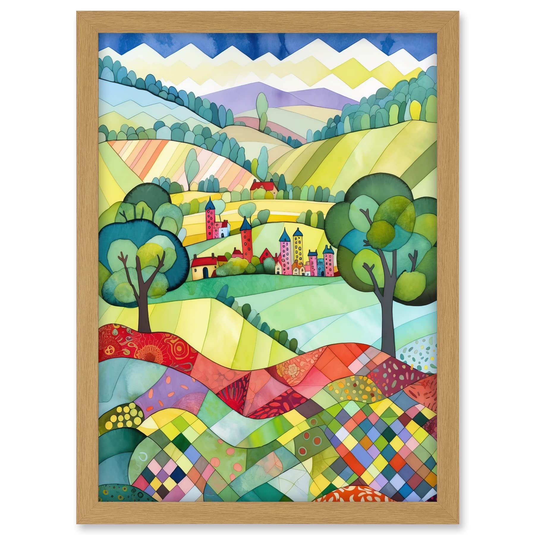 Artery8 English Countryside Rural Landscape Folk Art Watercolour Painting Artwork Framed A3 Wall Art Print