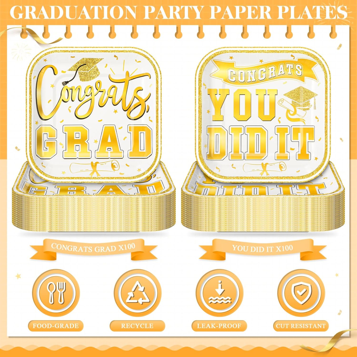 FoldTier 200 Pcs 2026 Graduation Party Dessert Plates Bulk 7 x 7 Inch Congrats Grad Paper Disposable Square Dessert Dinner Plates for Graduation Cocktail Supplies Party Decor (Square,Gold)