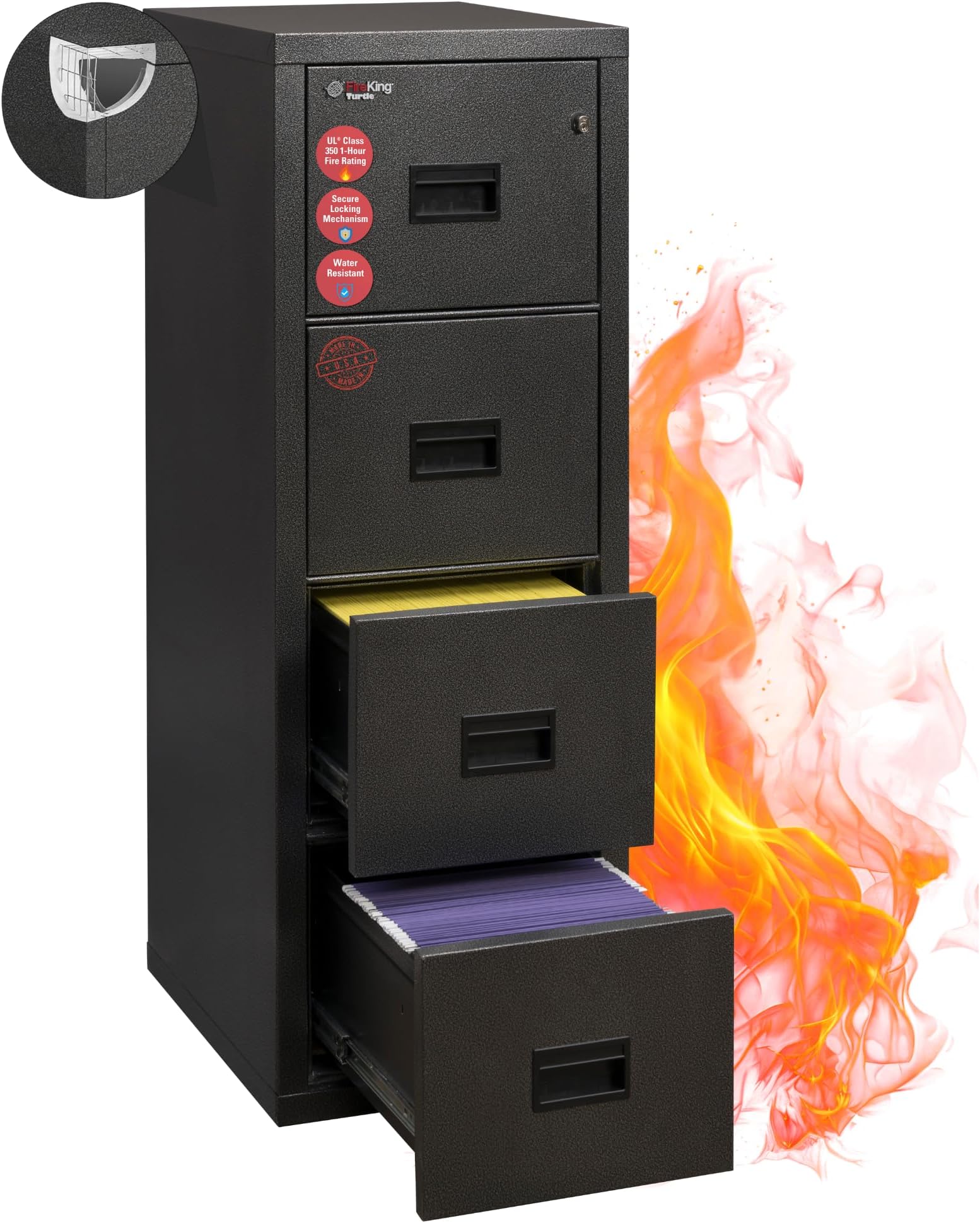 - FireKing Turtle Vertical 4 Drawer Legal and Letter Fire Safe File Cabinet with Key Lock, 1 Hour Fire Rated, UL Rated & Water Resistant Home Safe, Filing Cabinet, Made in The USA, Black