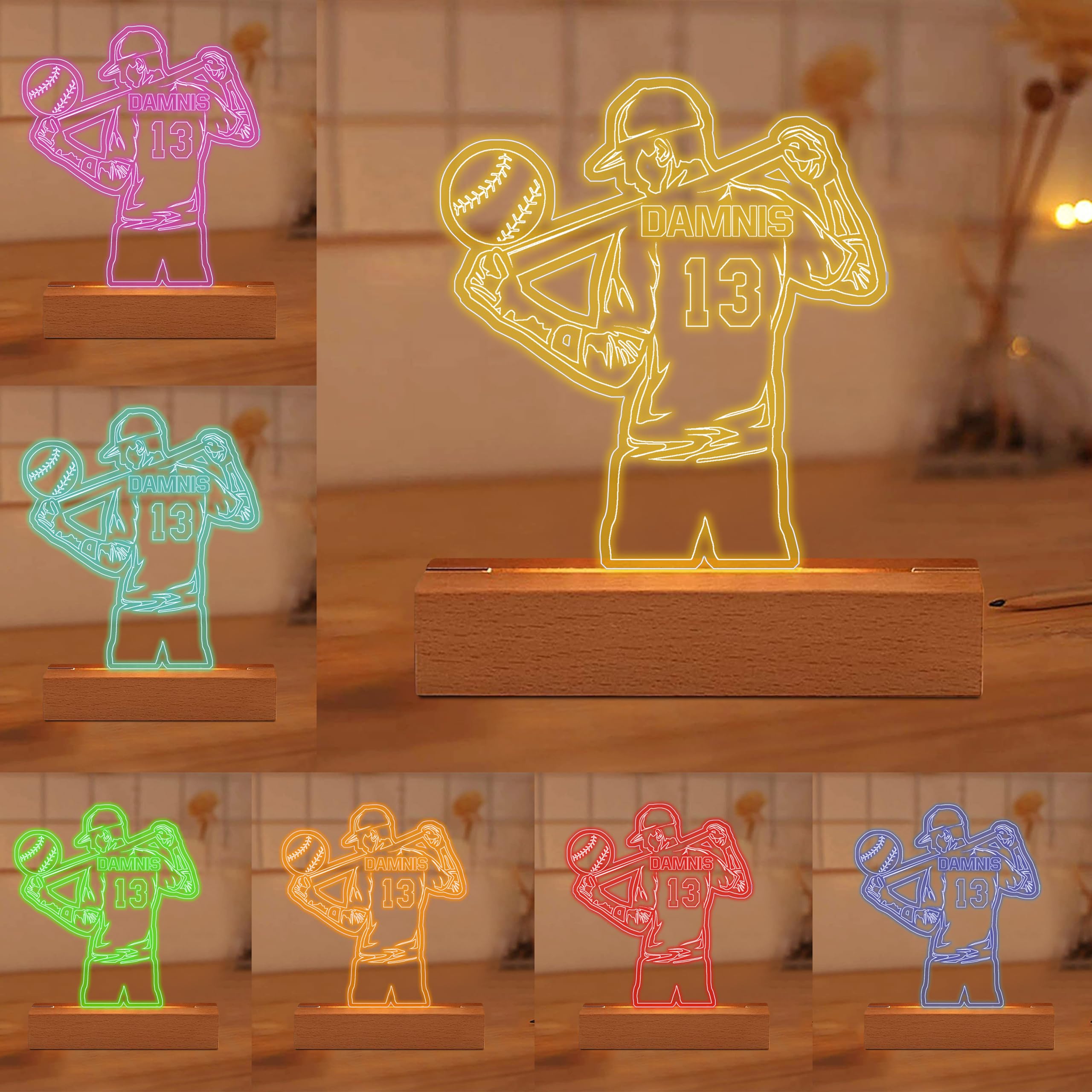 Personalzied Baseball Player Name Number Acrylic Night Light for Kids 3D LED Baseball Lamp Baseball Team Gifts for Bedroom Baseball Coach LED Light Baseball Room Decor Gift for Boy Men Boyfriends Son
