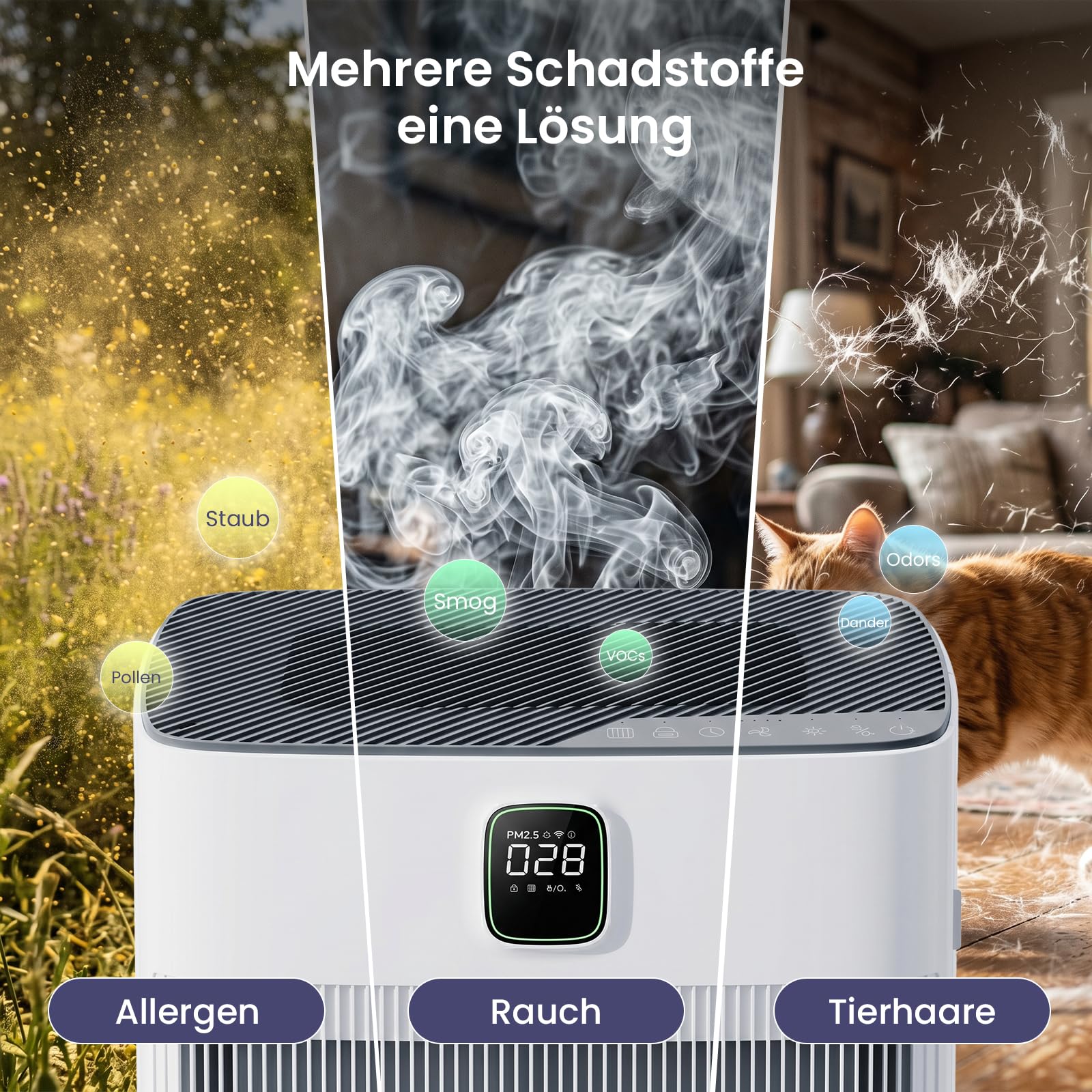 Luftreiniger, H13 HEPA, waschbarer Vorfilter, App, 100 m² | Doppelseitige Ansaugung, Waschbarer Vorfilter, 280 m³/h CADR bis 100 m², Smart Life App, leiser 3-W-Schlafmodus