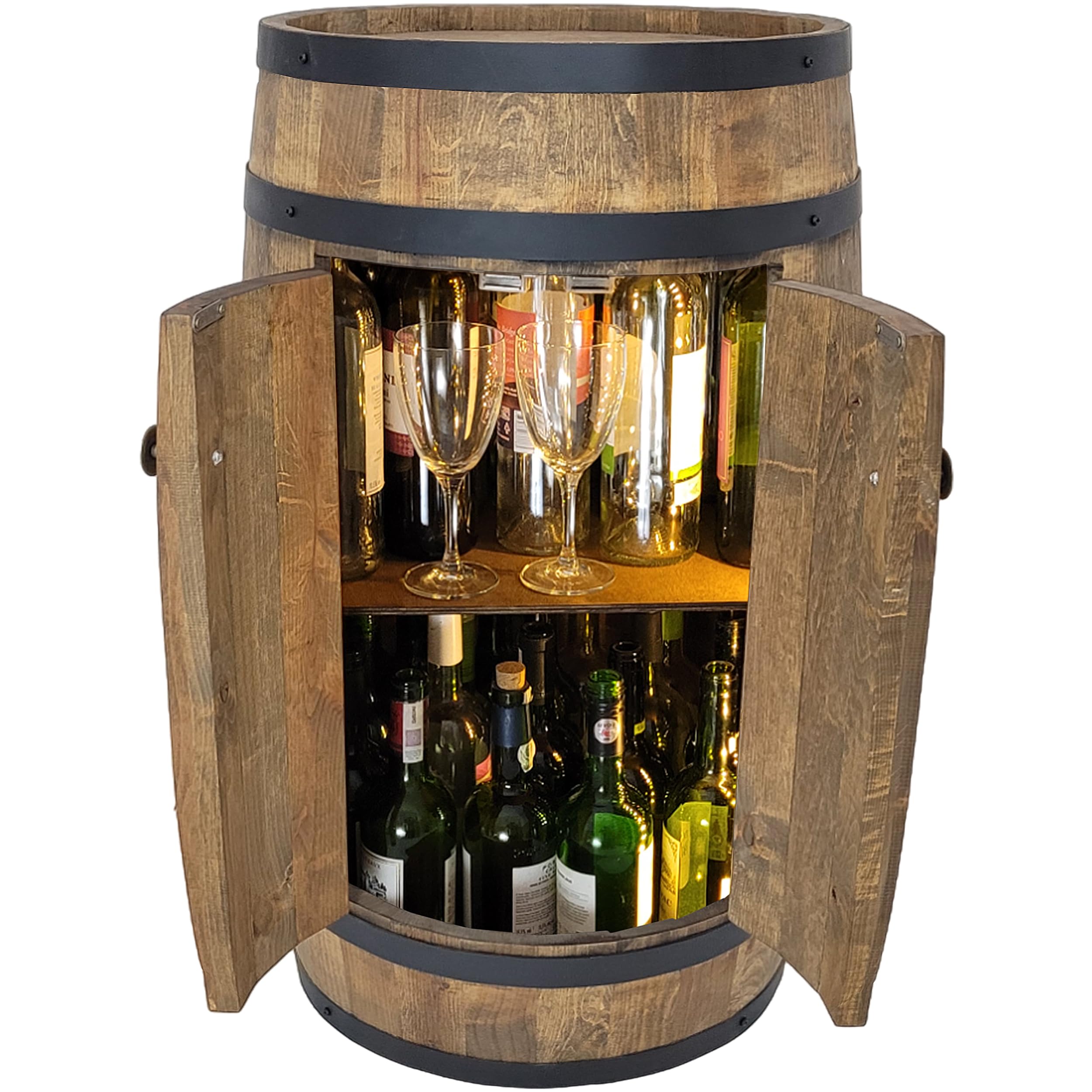 WEECO Wine Mobile Bar in Legno Barile in legno per arredamento con 2 ante LED, Botte armadietto, Scaffale per Vini Altezza, Armadietto per bottiglie, Tino in legno per bottiglie, Barile da whisky 80cm