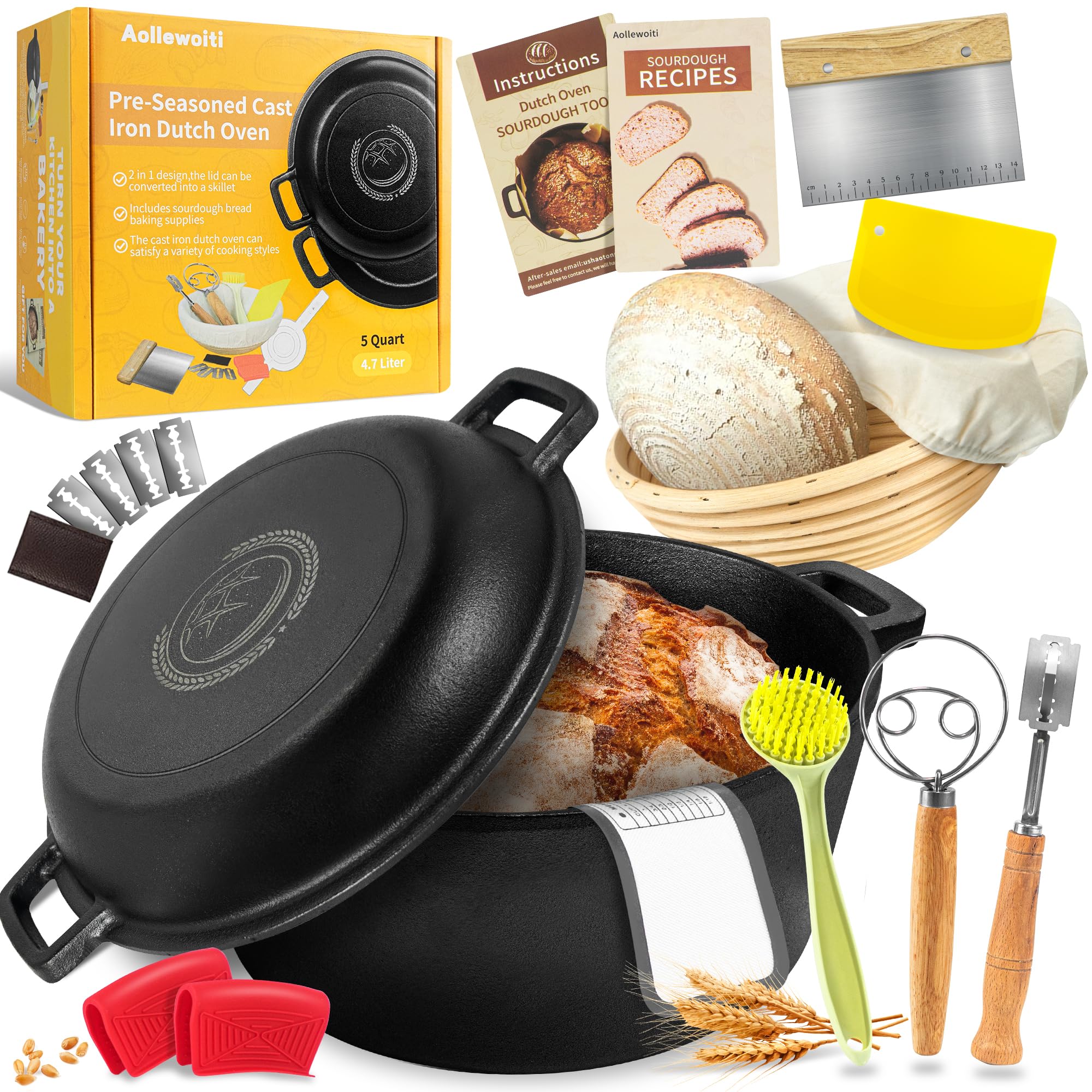 Pre-Seasoned Dutch Oven for Bread Baking, 5 QT Cast Iron Pot with Skillet Lid, Includes Sourdough Bread Baking Supplies Kit, Dutch Oven for Camping, Frying and Braising