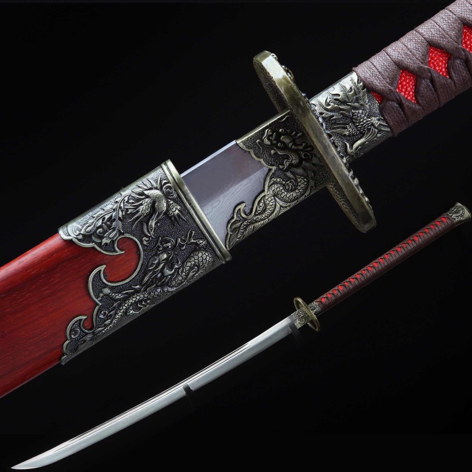 Auwiy Hand Forge Carbon Steel Chinese Sword Long Handle KangXi Sword with Pearwood Sheath