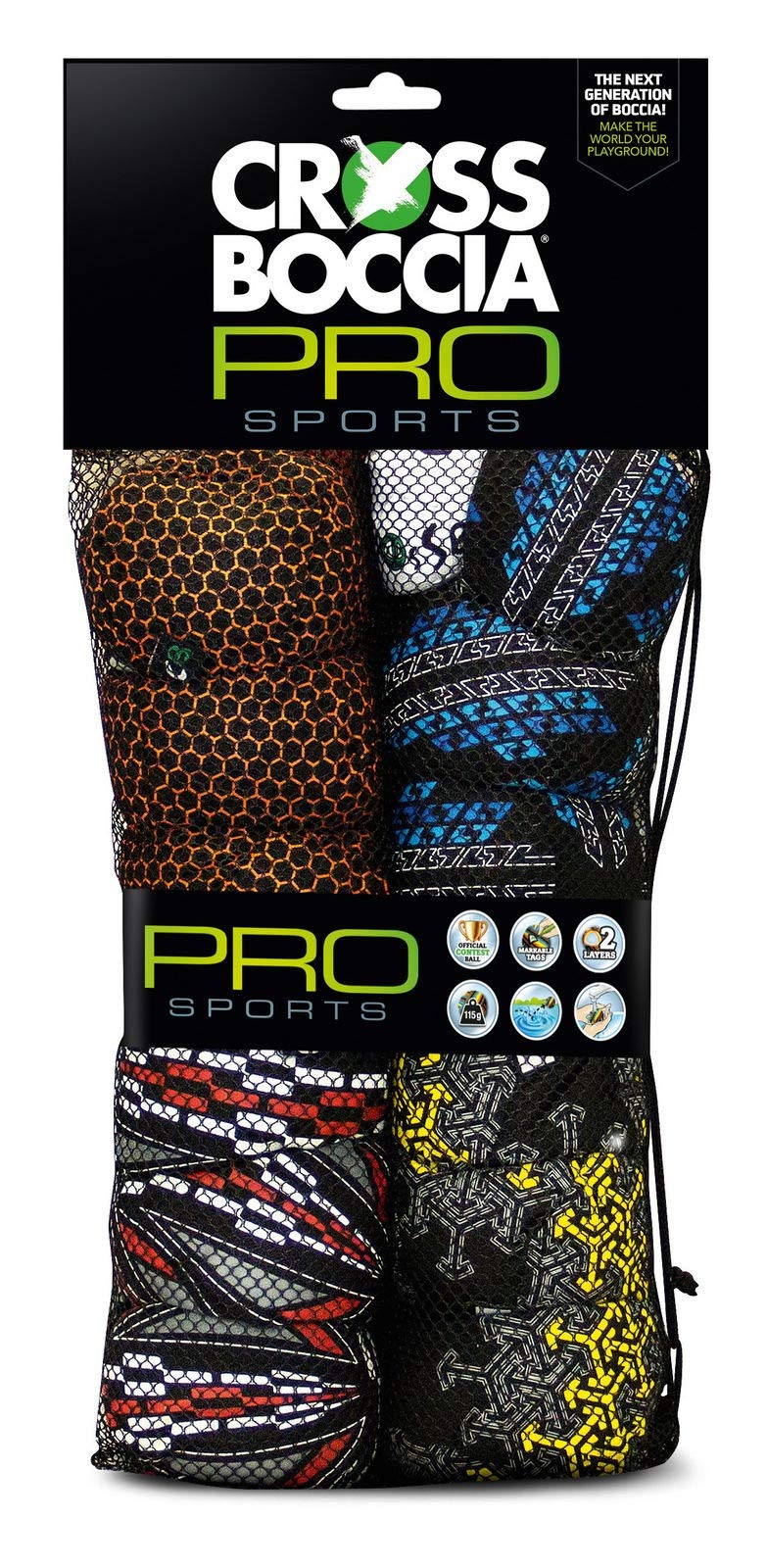 Crossboccia Family Pack Pro, 4 x 3 worki materiałowe w tym samym kolorze, różne wzory, Ø 8 cm wypełnione granulatem, zestaw dla 4 graczy, w zestawie kula celująca, w zamykanej torbie z siatki