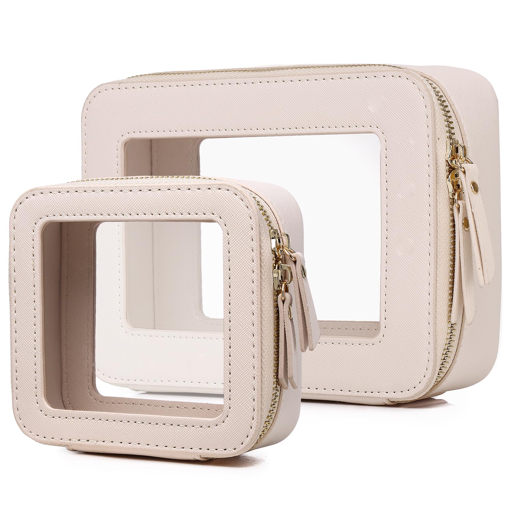 Pinkmik Clear Makeup Bag Waterproof Travel Case for Cosmetics and Toiletries Women's Purse Organizer and Clear Car Bag with Zipper (Beige, M+MINI)