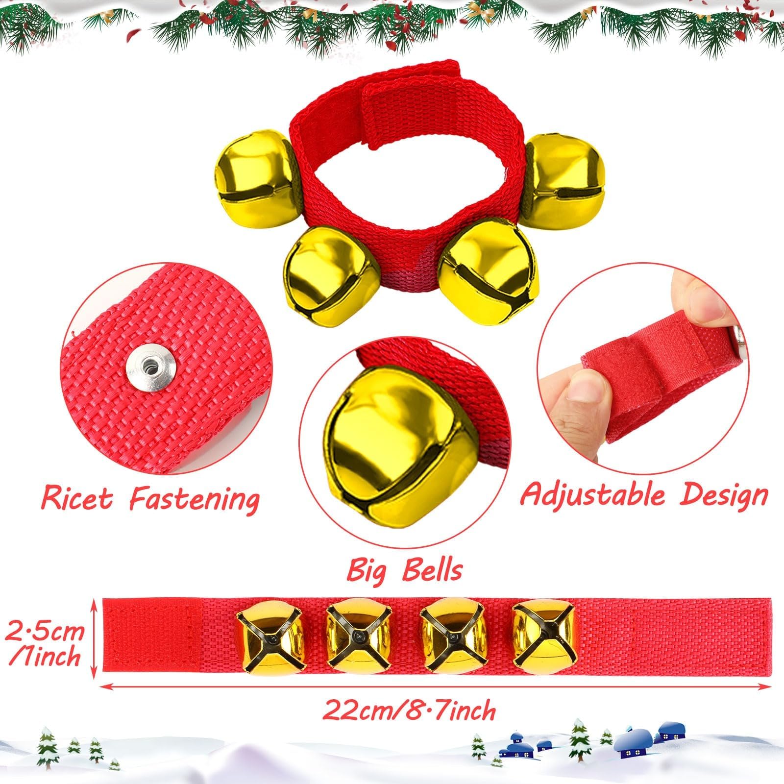 Augshy 2 Packs Wrist Bells, Wrist Bells Bracelets Jingle Bells Adjustable Hand Ankle Bells Musical Instruments for Christmas Party Favors,: Red Gold