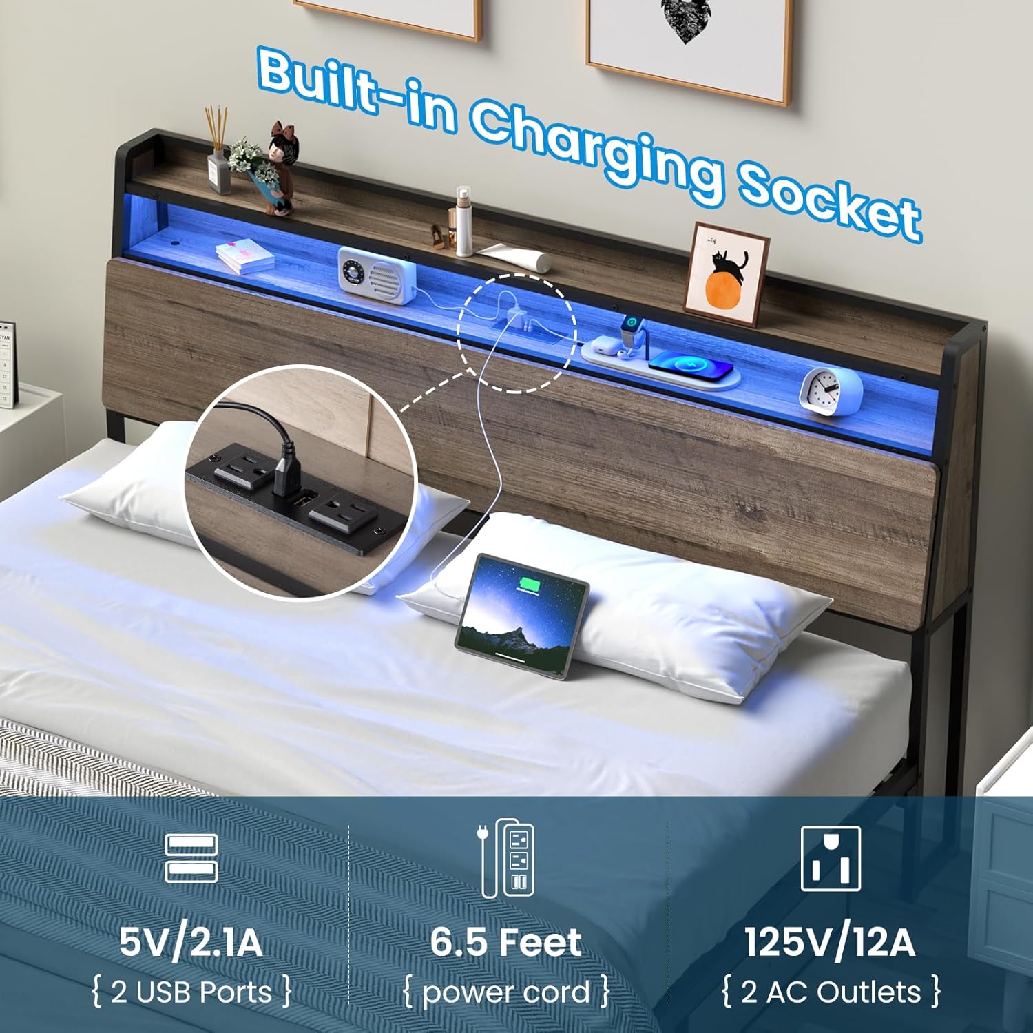 BedStory Bed Frame Queen Size with Charging Station, LED Bed Frame with Wood Storage Headboard, Ergonomic Headboard with Under Bed Storage, No Box Spring Needed, Noise Free Easily Assembly - Image 5