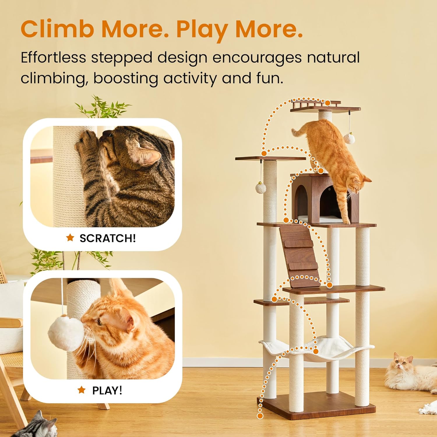 Modern Cat Tree - 64 inch Cat Tower for Indoor Cats, Multi-Level Cat Condo with 7 Fully Wrapped Scratching Posts, 2 Perches, Hammock, Removable Pad & Dangling Balls-Walnut Brown