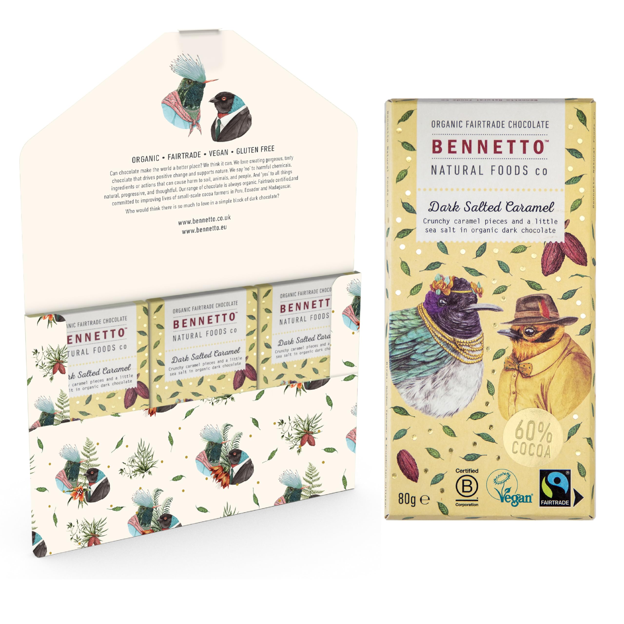 Dark Salted Caramel Crunchy caramel and sea salt in dark chocolate. 60% cocoa. Certified organic, Fairtrade, and net climate positive. Beautiful gifts for everyone. 3x 80g Full Size Bars.