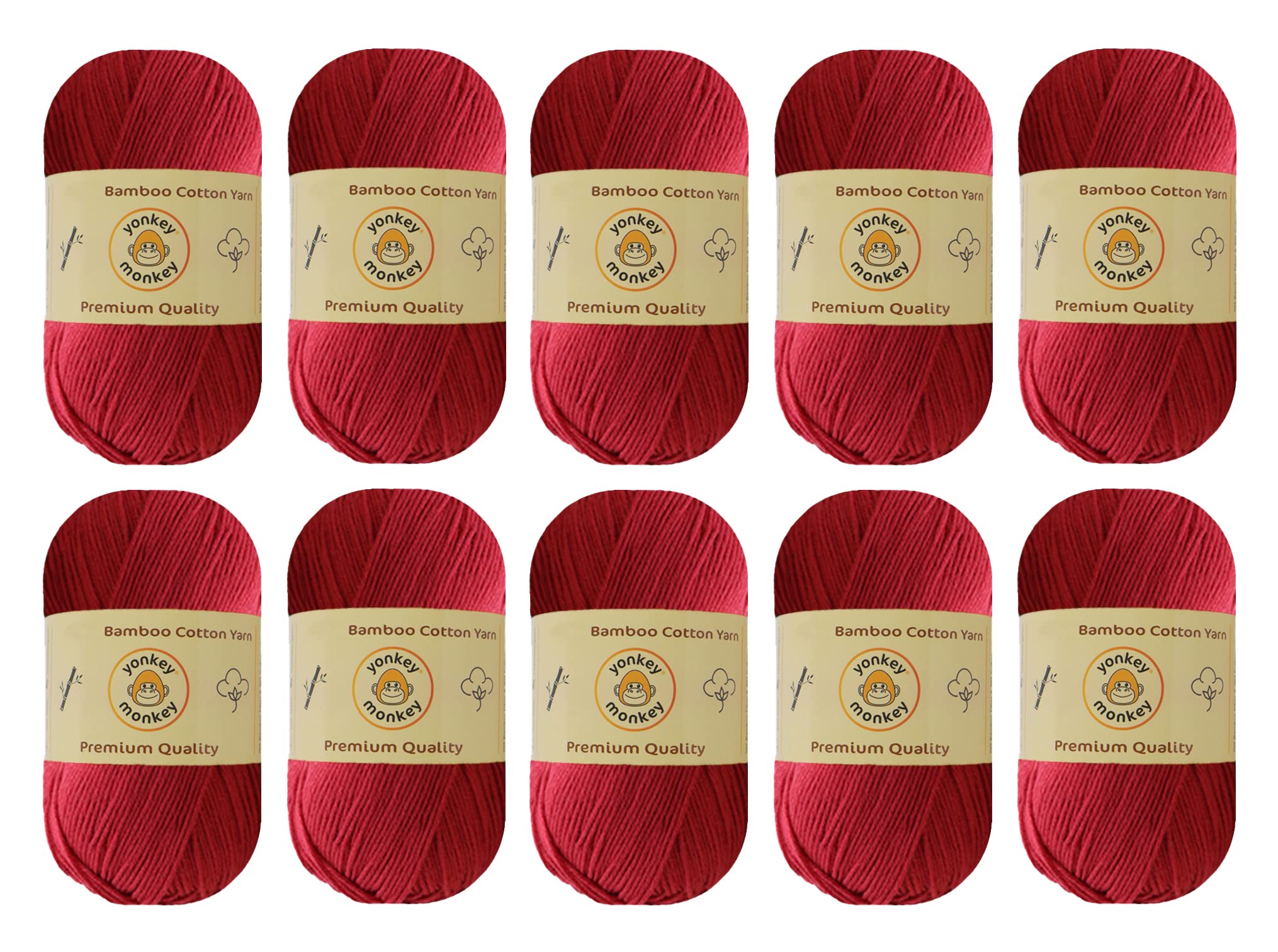 10-Pack of Yonkey Monkey 500 Grams Yarn - 70% Rayon derived from Bamboo, 30% Cotton - Imported -Ruby Red 9007