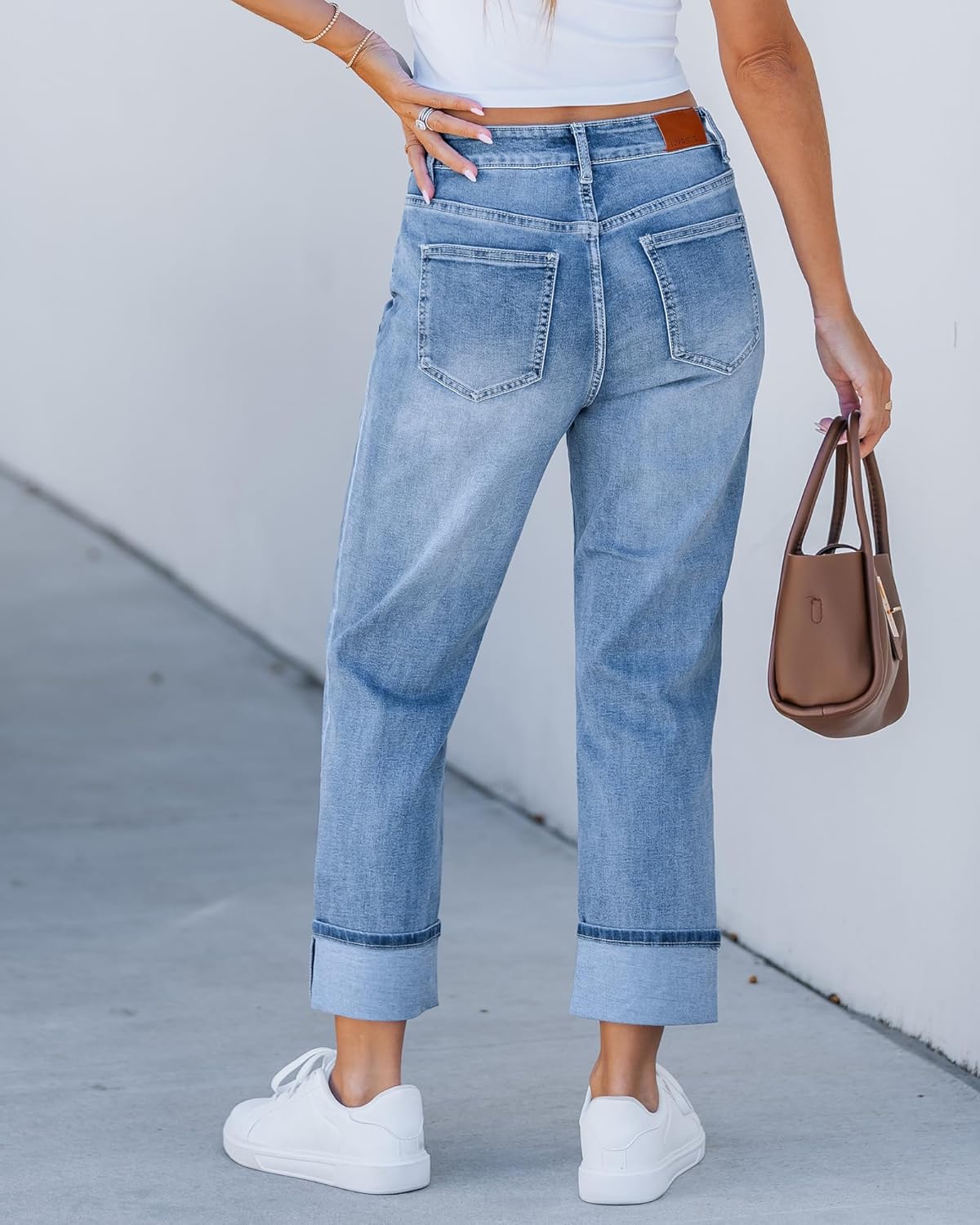 luvamia Straight Leg Jeans for Women Trendy Cropped High Waisted Cuffed Hem Stretchy Boyfriend Capri Jeans with Pockets - Image 2