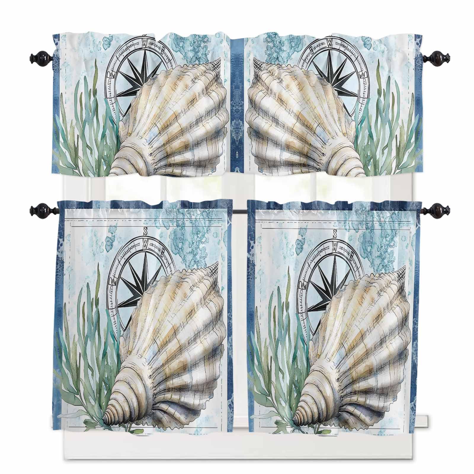 Coastal Ocean Kitchen Curtains 24 Inch Length, 3 Piece Rod Pocket Small Half Tiers and Valance Set, Summer Nautical Compass Shell Seaweed Small Large Window Treatment Decor for Bedroom/Bathroom Sink