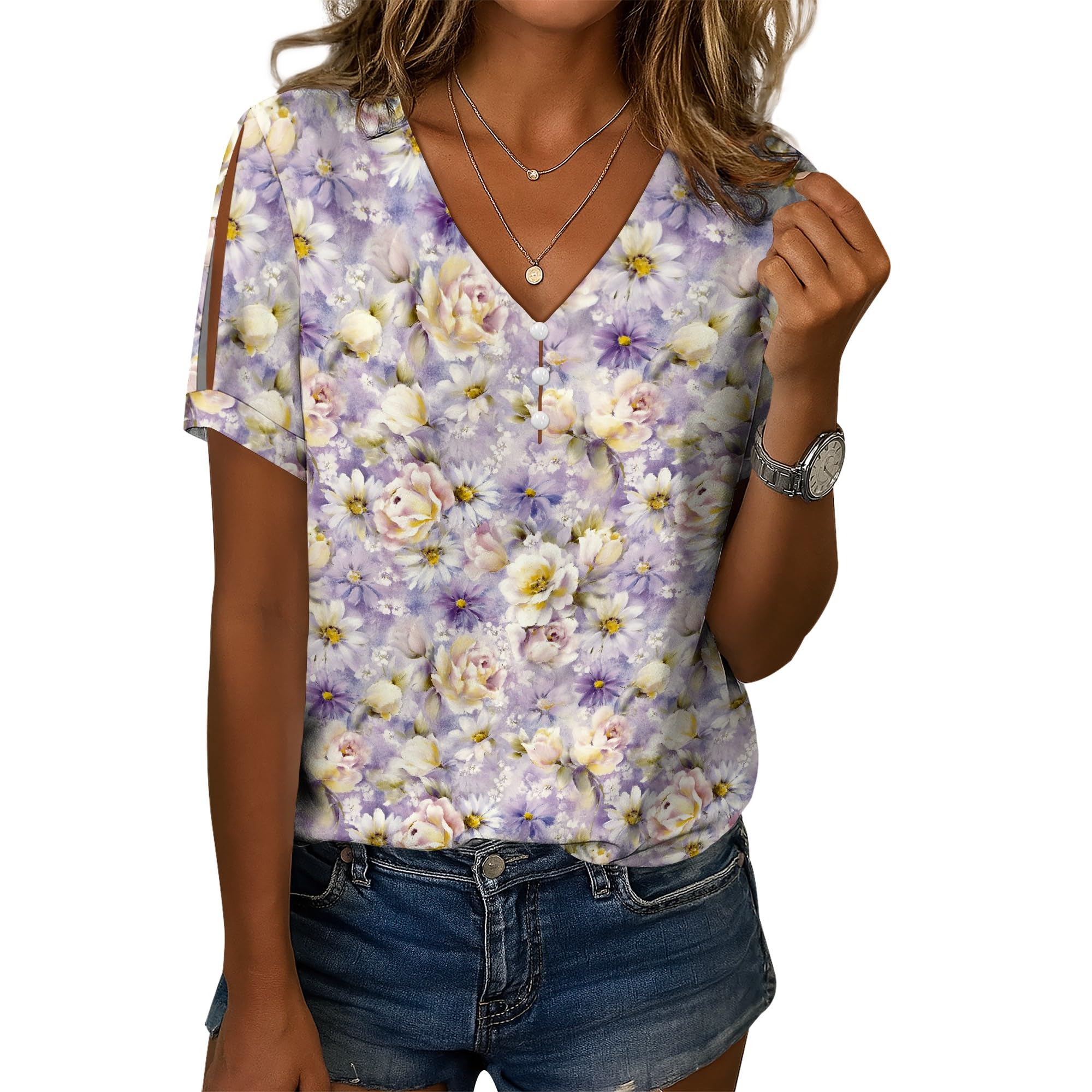 Cold Shoulder Casual Tops for Women Button Boho Floral Printed V-Neck Vintage Short Sleeve Summer T Shirts