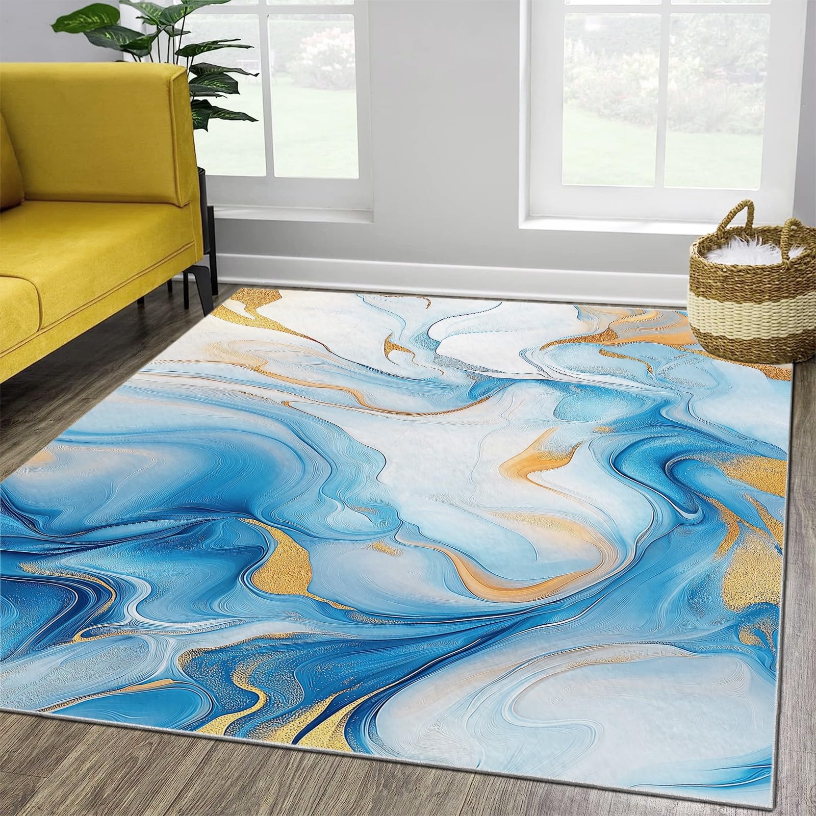 Tapis anti-tache grand format motif marbre bleu et doré facile à nettoyer