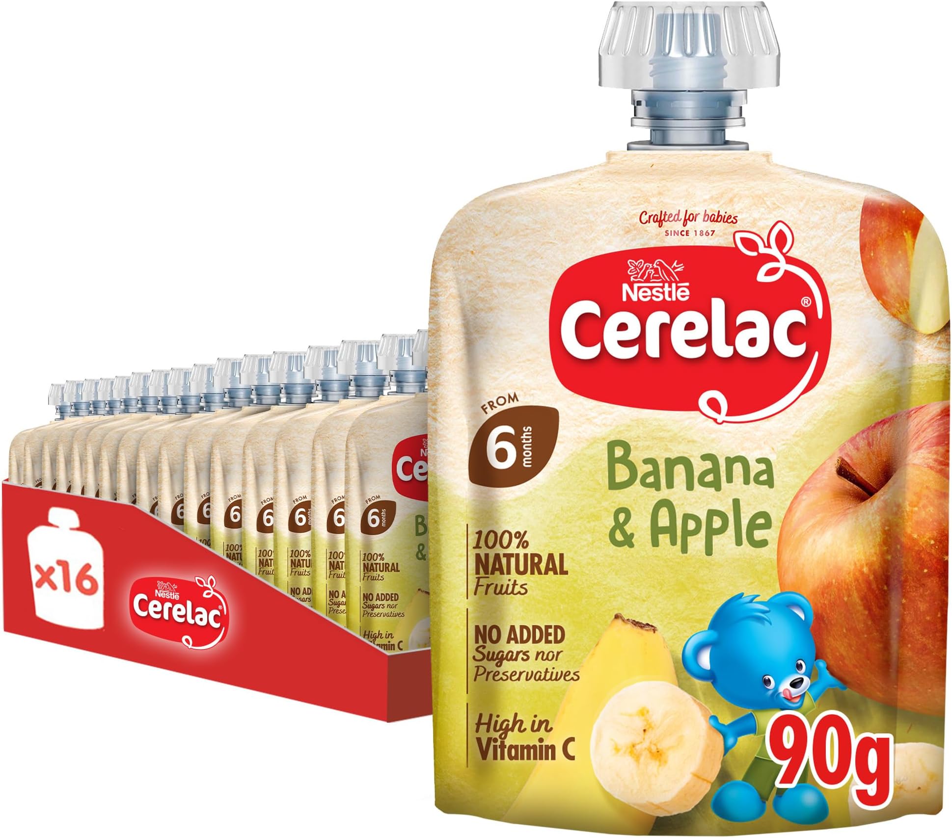 Nestle Cerelac Baby Food Fruits Puree Pouch Banana, Apple & Oats, High in Vitamin C, 100% natural Fruits No added sugars, No artificial flavors, No preservatives. 90G (6m+) (16 Pouches)