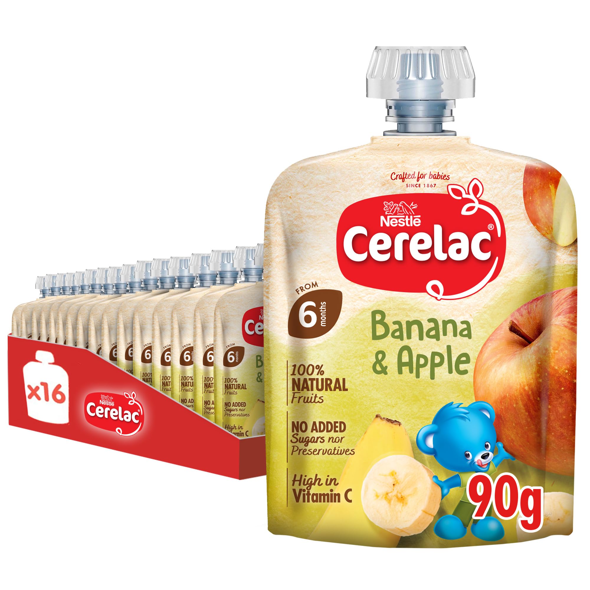 Banana, Apple & Oats, 100% Natural Fruits, No Added Sugar, From 6 Months, Puree Pouch 90g (16 Pouches)