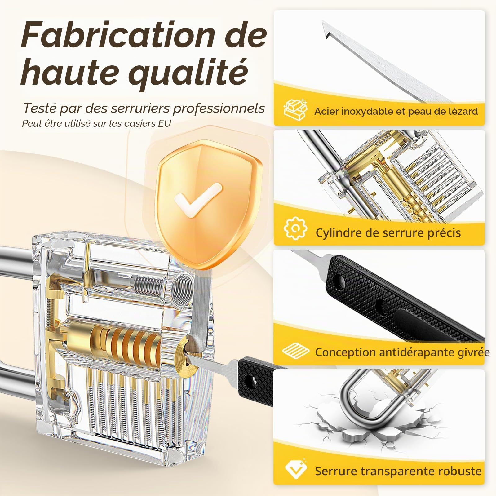 IPSXP Kit de Crochetage Serrure 32 Pièces, Kit De Lock Picking avec 4 Serrures, Outils D’ entraînement Transparents Cadenas avec Housse de Transport pour Serruriers Débutants et Professionnels