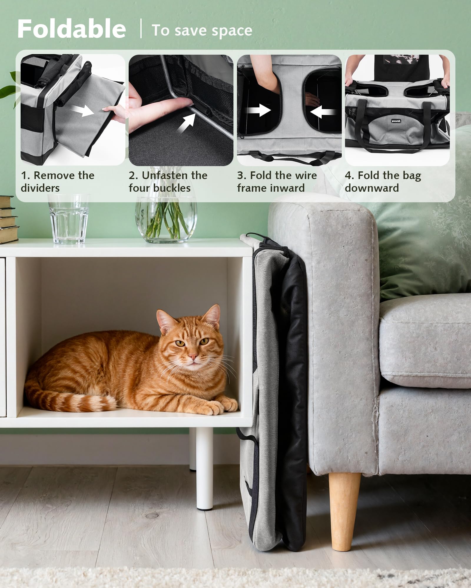 Pecute Transportín para Gatos con Doble Compartimento, ultraestable, Transpirable y Plegable, Ideal para Viajes, mudanzas y visitas al Veterinario, Gris