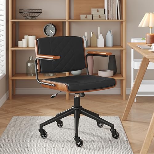 Silla de oficina ergonómica con ruedas de goma y brazos de nogal, silla de escritorio de piel sintética, altura ajustable, respaldo de madera