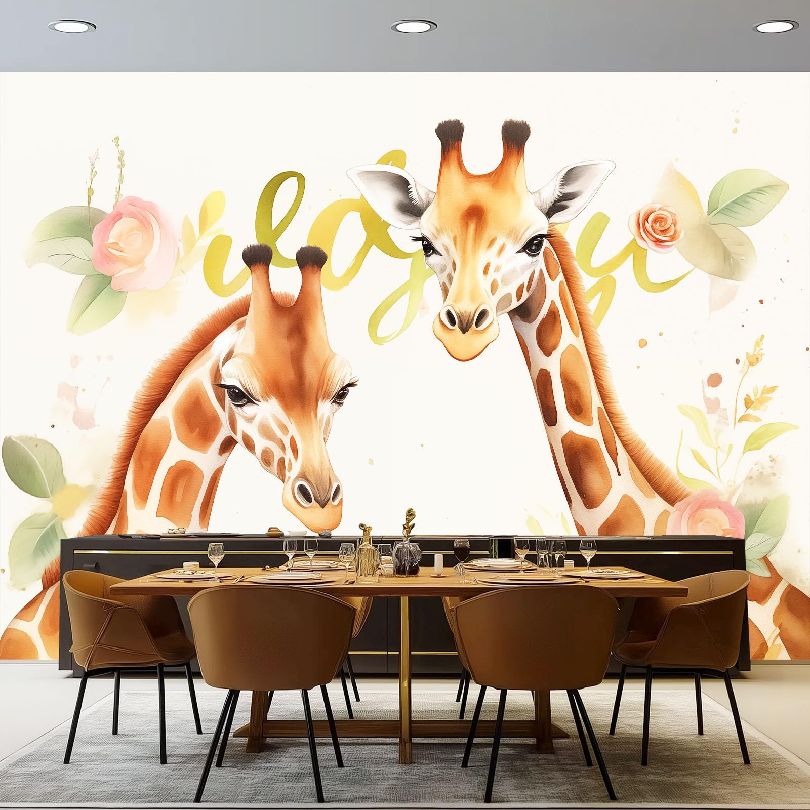 Panoramiczna tapeta 400 x 280 cm, akwarela żyrafa salon sypialnia dekoracja domu - tapeta z włókniny 3D garbowana
