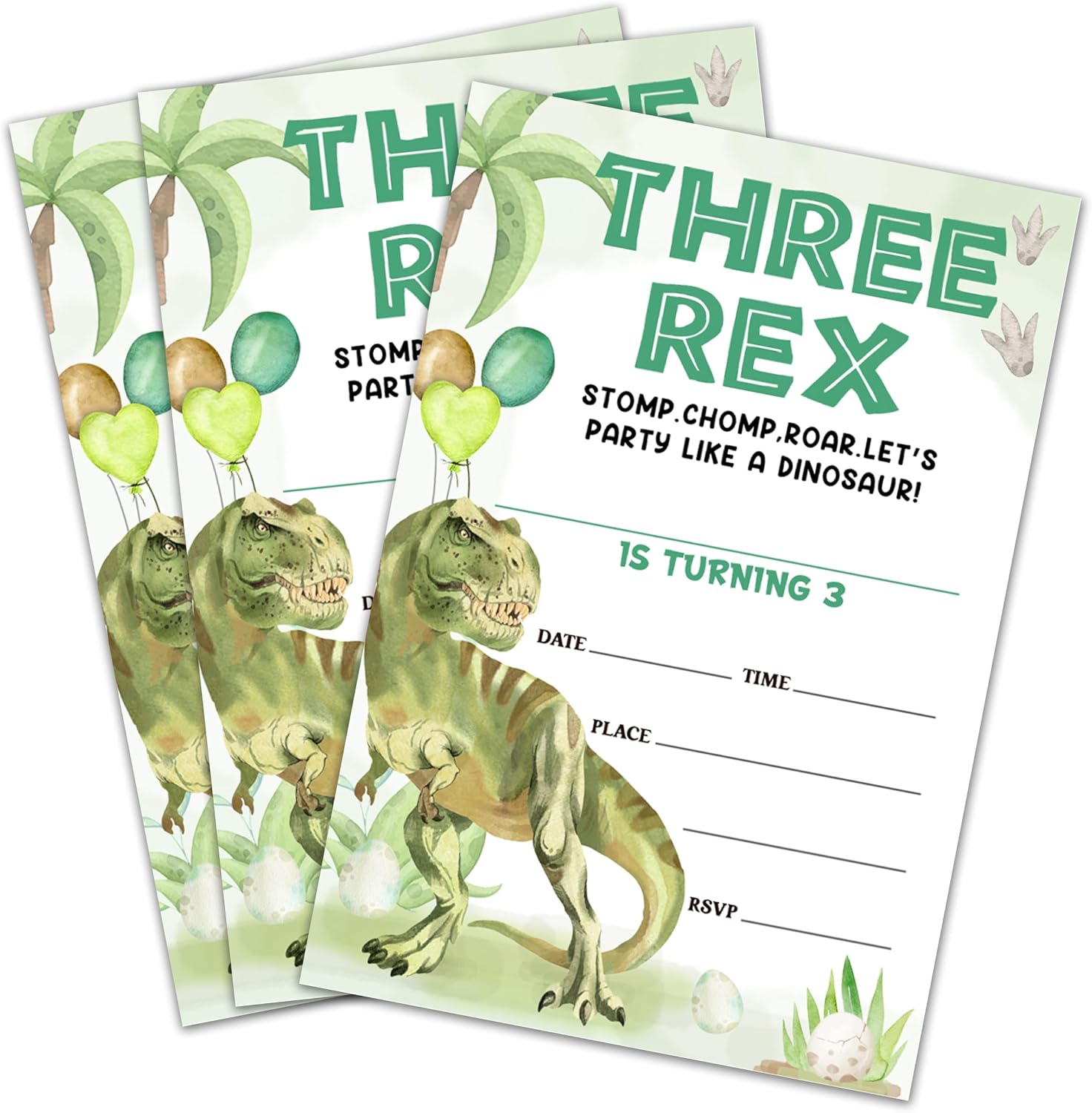 Dinosaur Theme Birthday Invitation Cards, Stomp Chomp And Roar Double-Sided Fill In Style Birthday Invites With Envelopes, Watercolor Invitations For Boys Girls, Teen, Party Favor & Supplies - A03