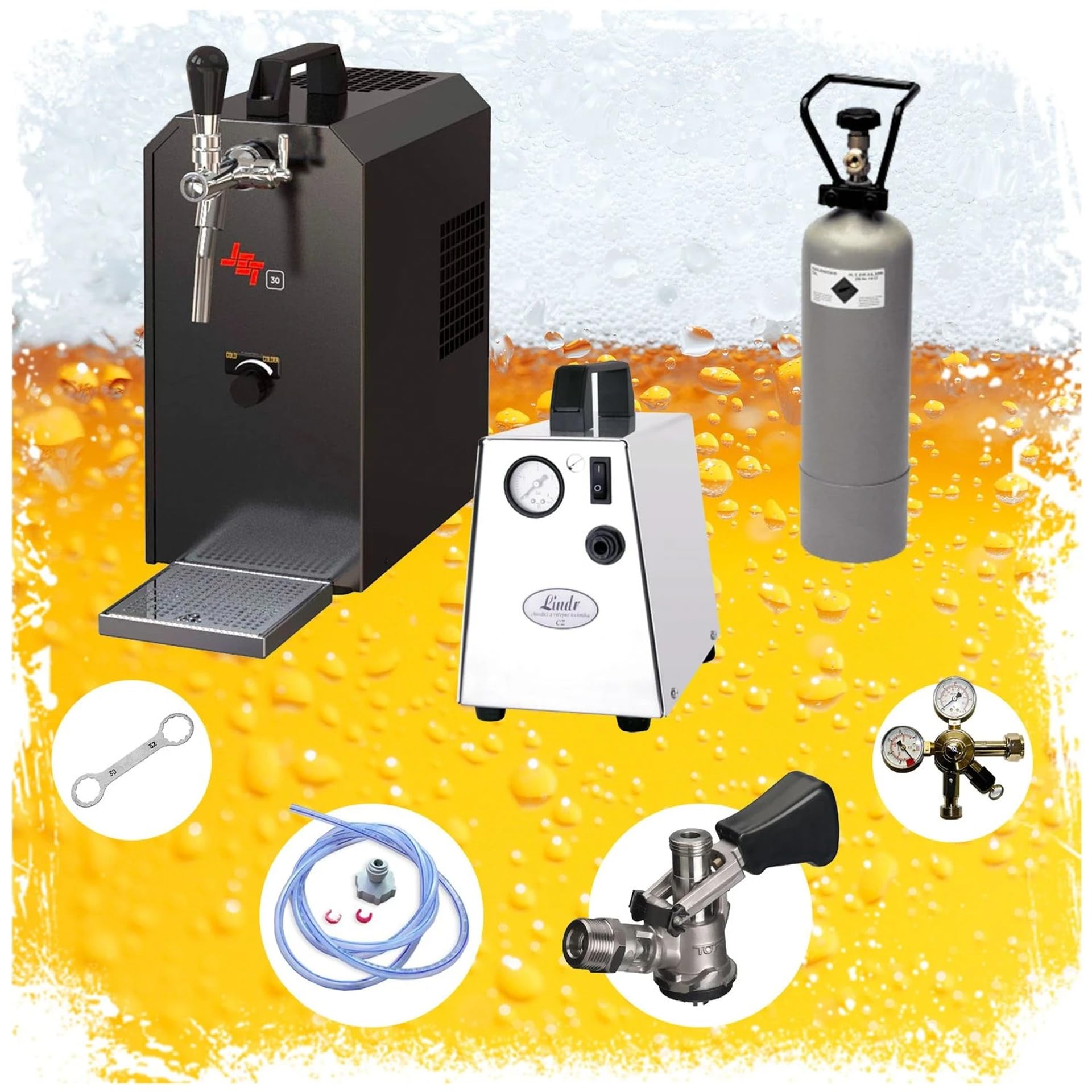 Kit Completo Sistema de Tiro de Cerveza Jet 30, Enfriador en línea seco, 35 l/h, con regulador CO2, Botella 2 kg, mangueras y Cabezal Cesta, Tipo S