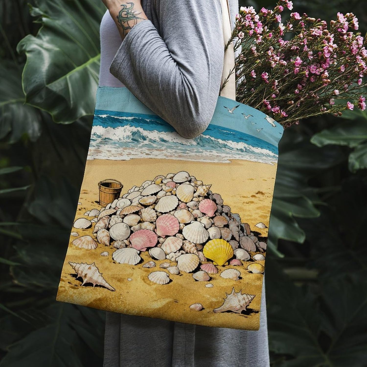 Beach Shell Pile Canvas Tote Bag Reusable Grocery Bags Foldable Soft Cotton Shoulder Carry Bag