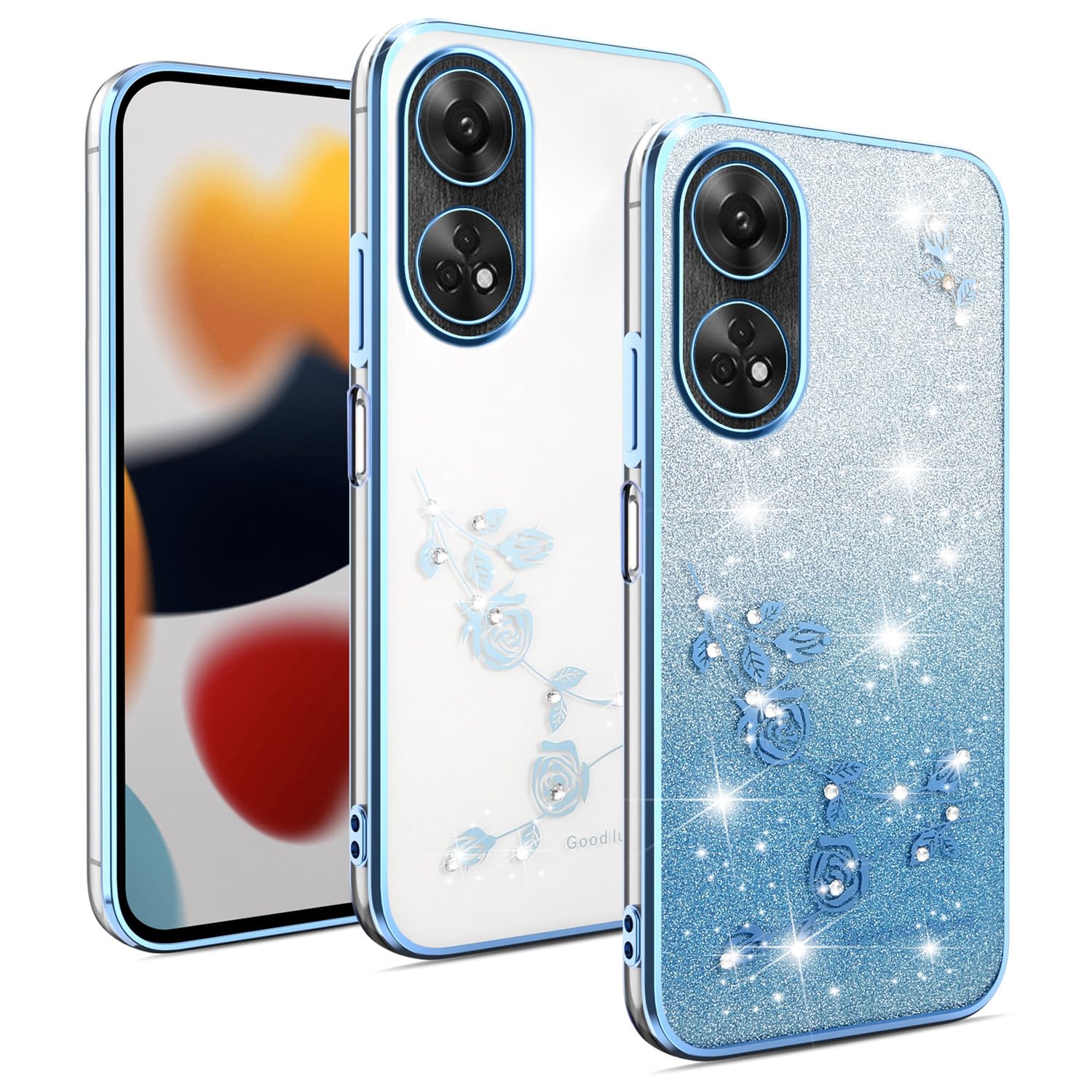 YUECXIN Cover Glitter per Honor 200 Lite 5G, Trasparente Bling Brillantini Donna Custodia, Ultra Sottile Molle Antiurto TPU Silicone Fiori Anello Supporto Case. Blu