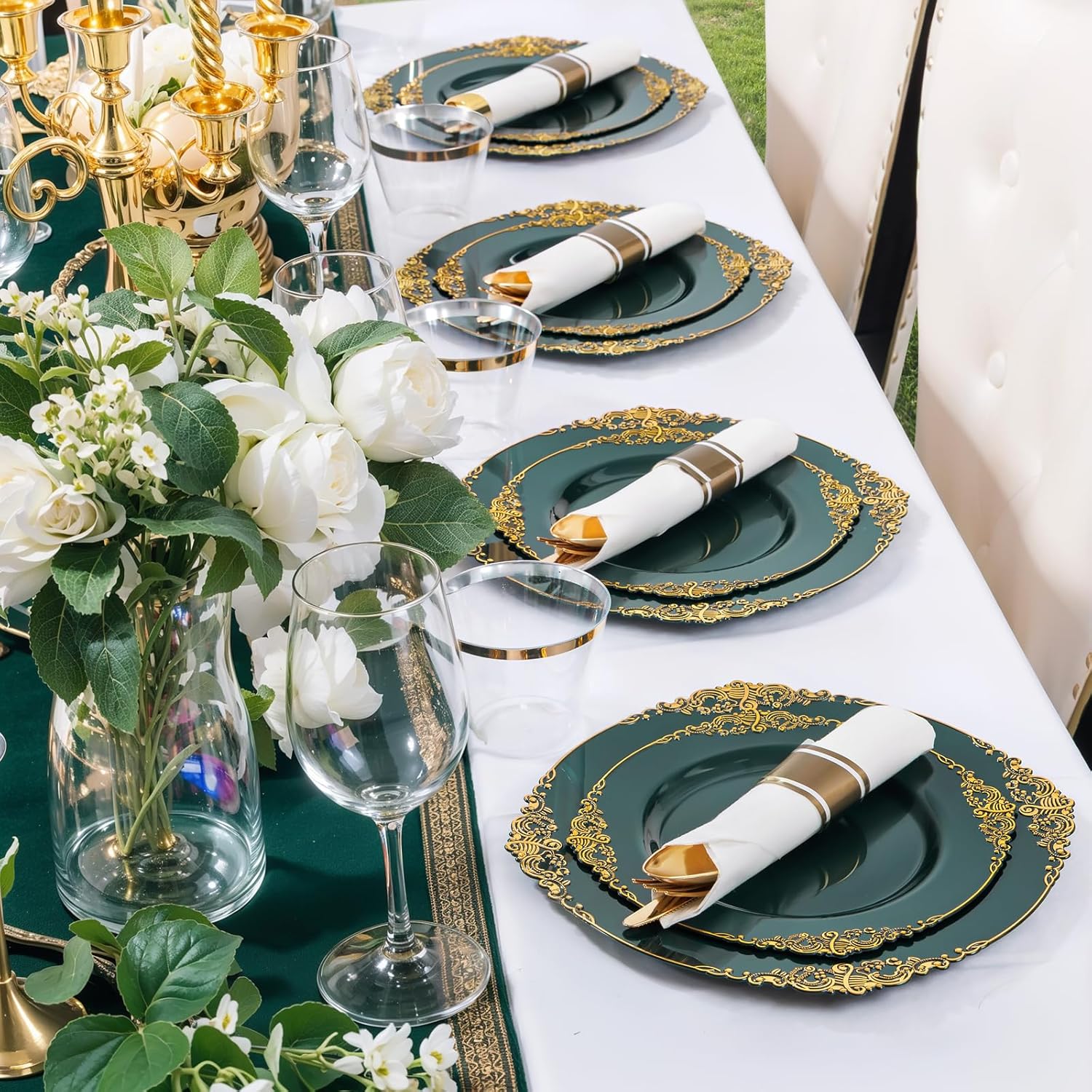 Nervure 350PCS Green Plastic Plates - Green Gold Plastic Dinnerware Sets for 50 Guests - 100 Disposable Plates, 150 Gold Silverware, 50 Cups, 50 Napkins Perfect for Wedding & Party - Image 7