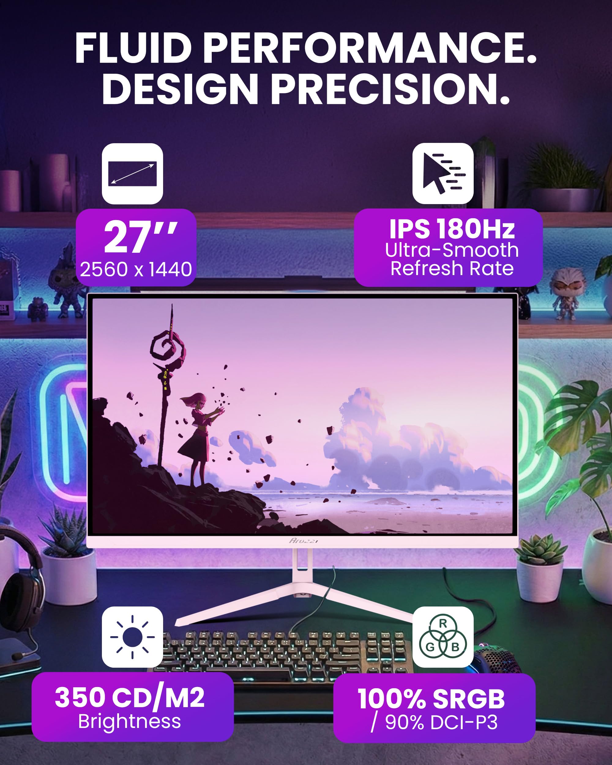 Arozzi Nova 27" Monitor Gaming IPS QHD 2560×1440, 180 Hz, 1 ms, FreeSync, HDR, Altavoces Integrados – Rosa