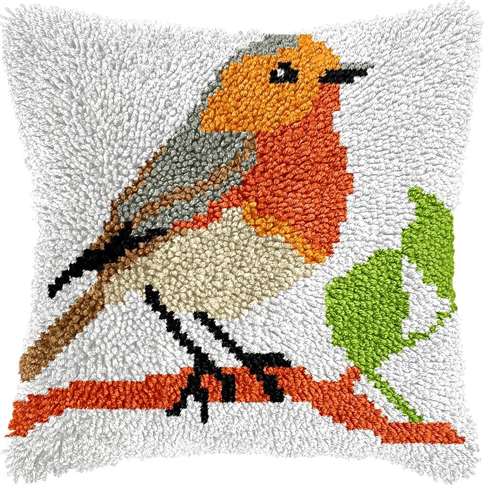 DIY Latch Hook Pillow Kits for Adults Robin Bird Pillow Cover with Preprinted Throw Pillowcase Crochet Yarns Embroidery Latch Hooking Cushion for Home Decor 17x17inch(l170)